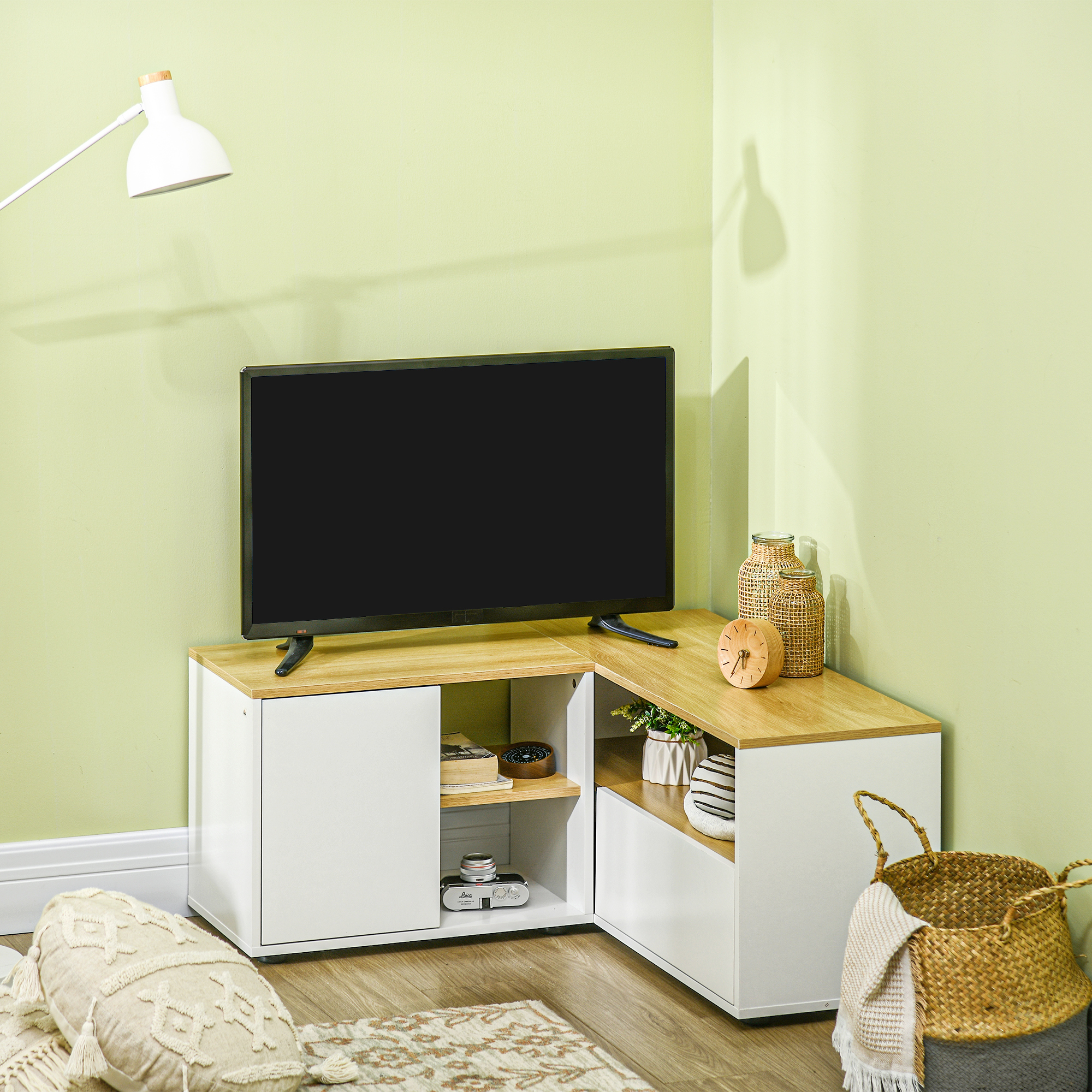 Mobile TV ad angolo con TV. È bianco e color legno.