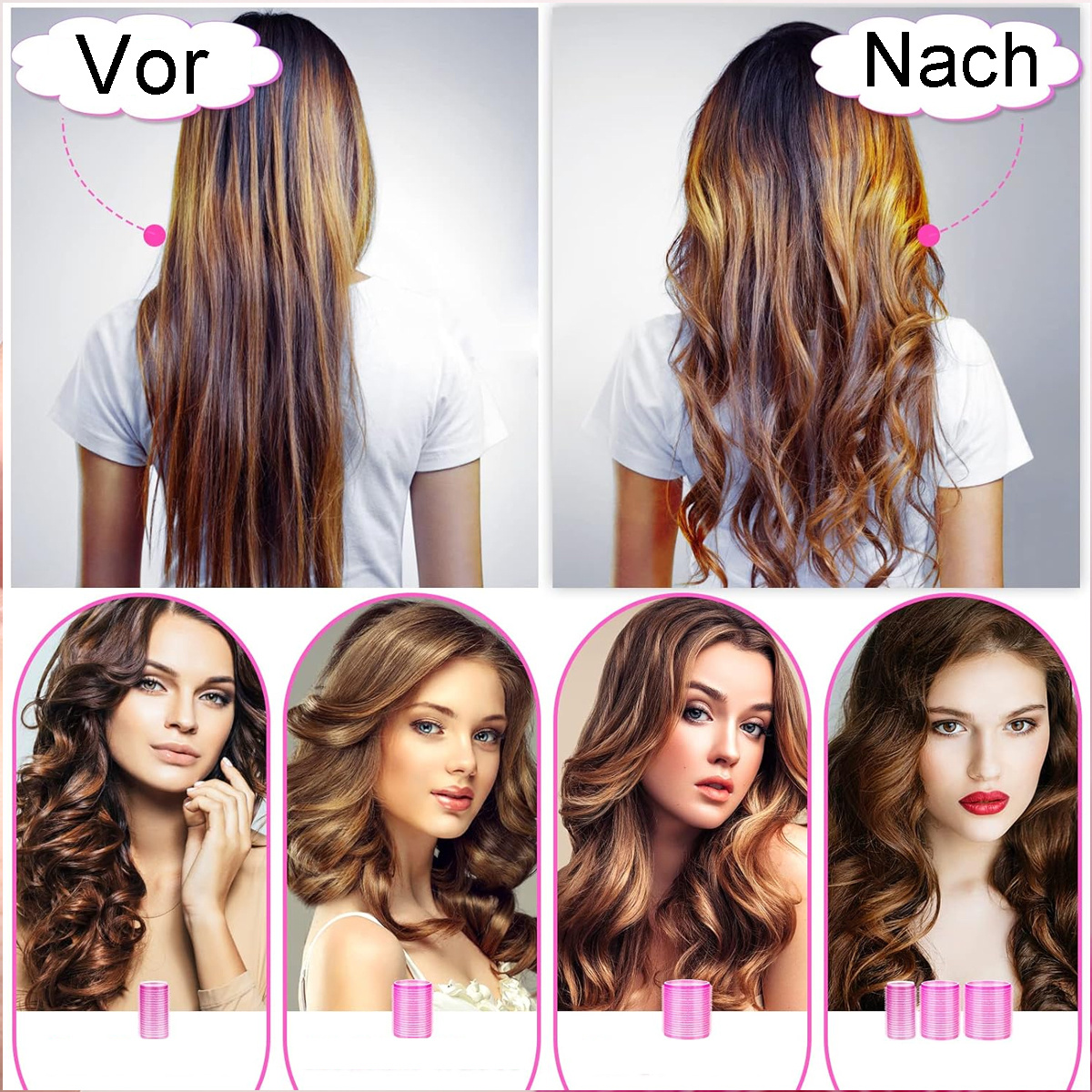 Ein geteiltes Bild zeigt Haare vor und nach dem Styling, mit weiteren Bildern von Frauen mit gestylten Haaren.