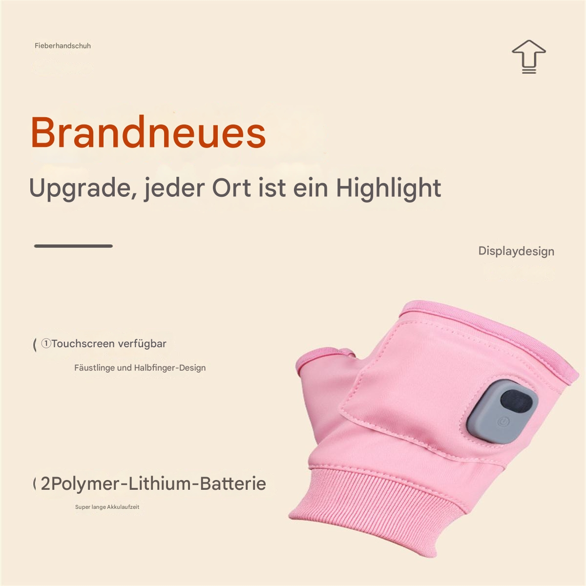 Rosa Handwärmer mit grauem Bedienfeld. Text links, kleiner Pfeil oben rechts.