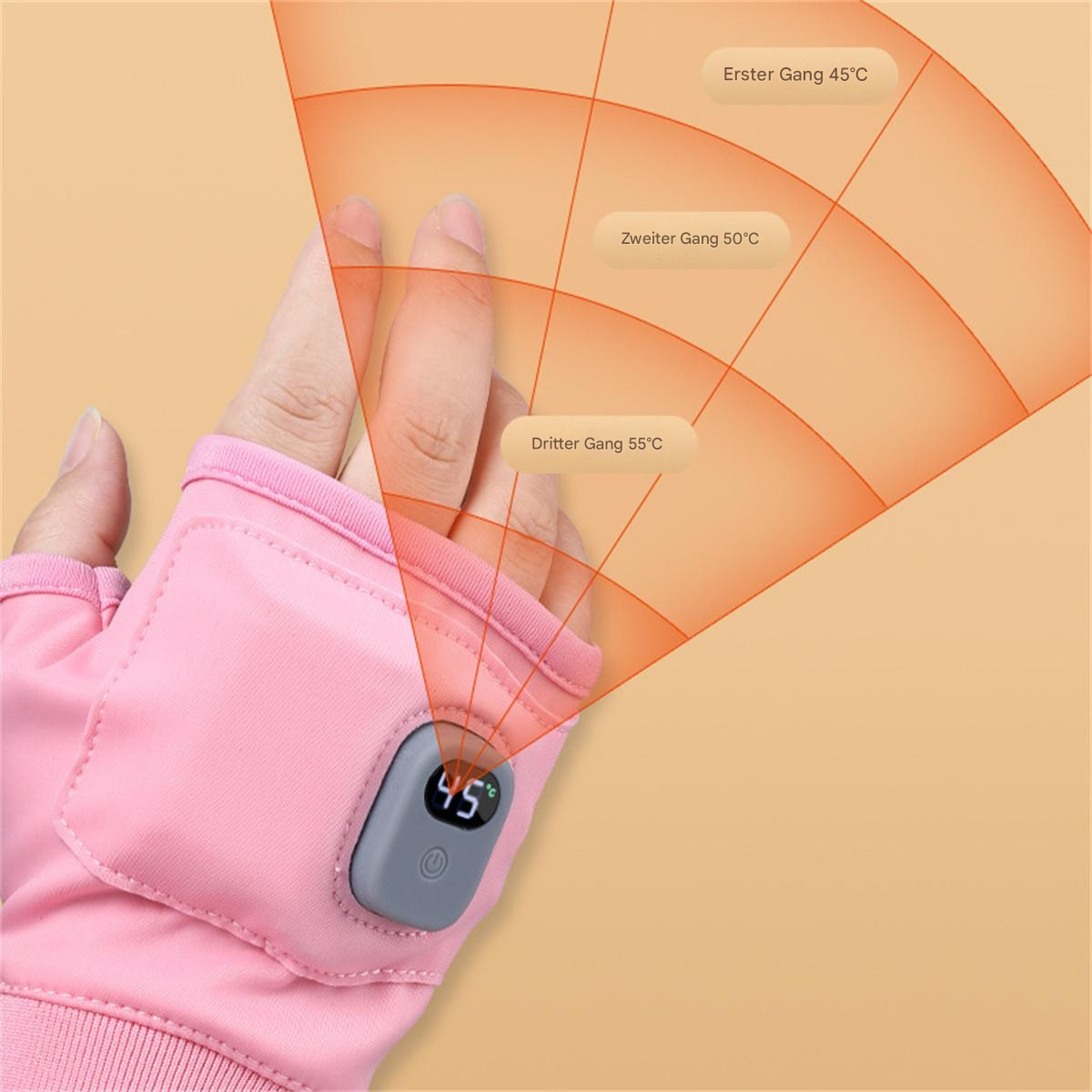 Ein rosa beheizter Handschuh und eine Anzeige, die die Temperatureinstellungen für jede Stufe zeigt.