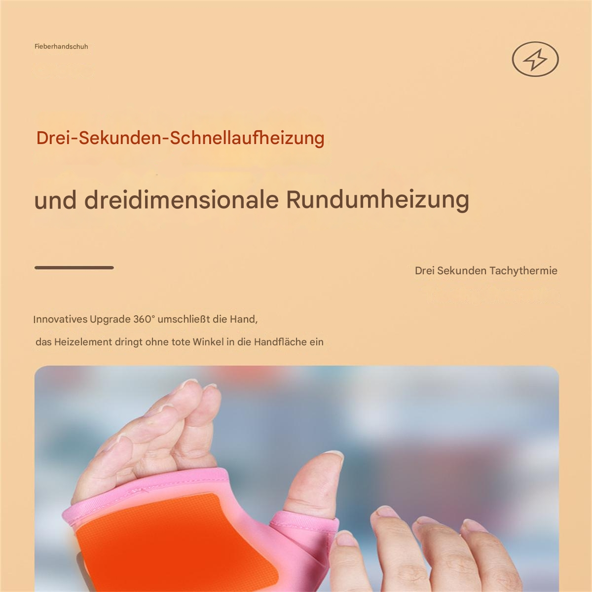 Eine Hand in einer rosa Stütze mit einem orangefarbenen Heizkissen, Text und einem Blitzsymbol.