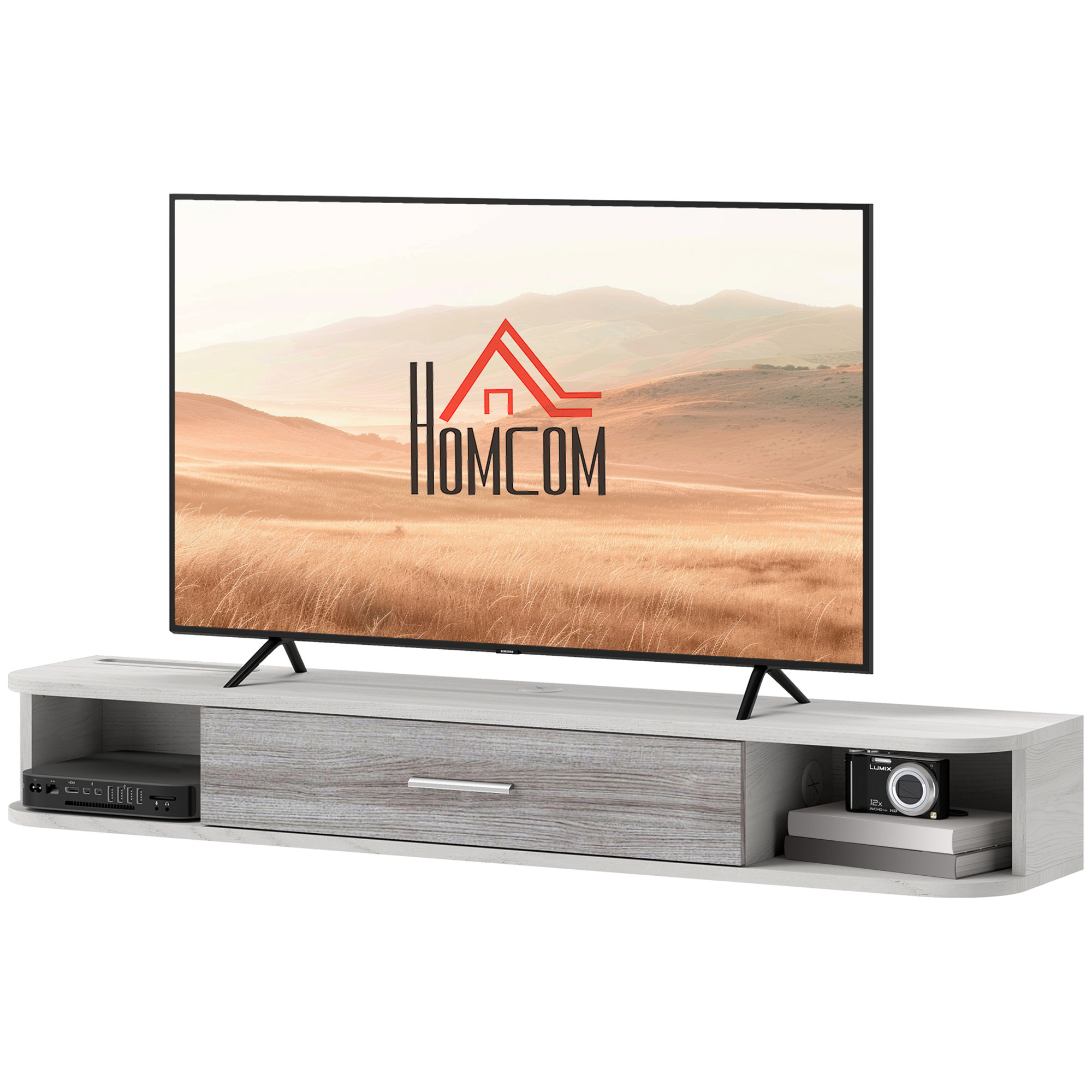 Mobile TV moderno, grigio e legno. Cassetto, ripiano aperto e TV. Logo HOMCOM.
