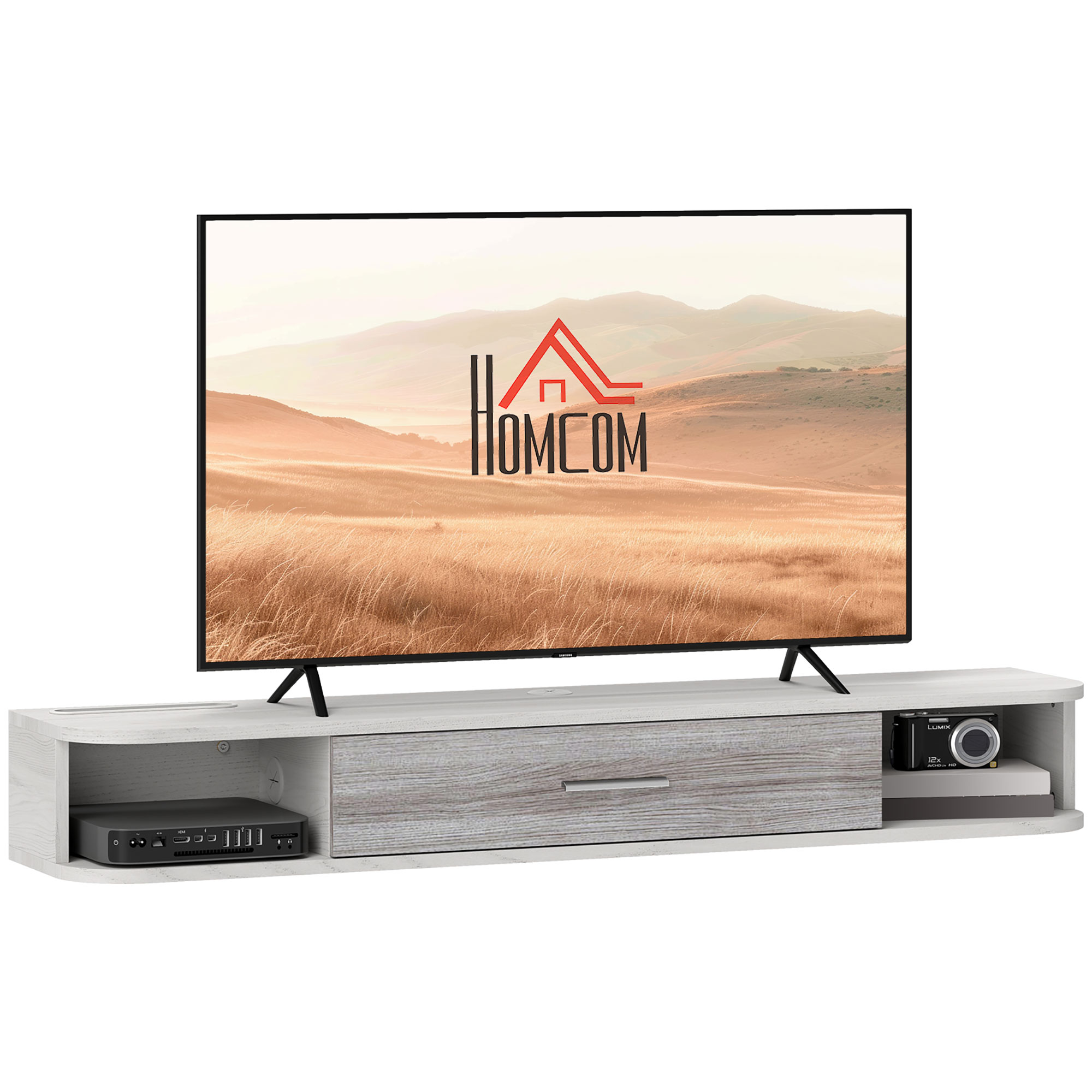 Un mobile TV grigio chiaro con un televisore che mostra una scena paesaggistica. Il mobile ha un cassetto e una mensola aperta.
