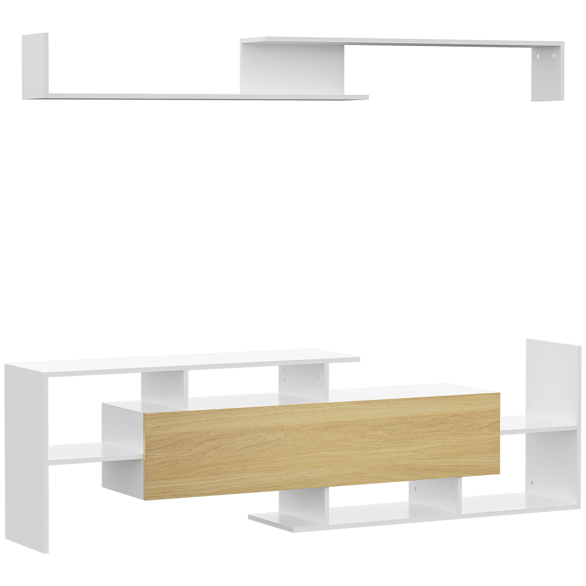 Mobile TV bianco e color legno con mensole. Il design è moderno e geometrico.