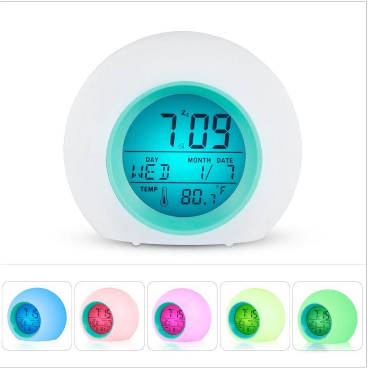 Wecker mit Digitalanzeige, die Zeit, Datum und Temperatur anzeigt, und farbigen Lichtern.