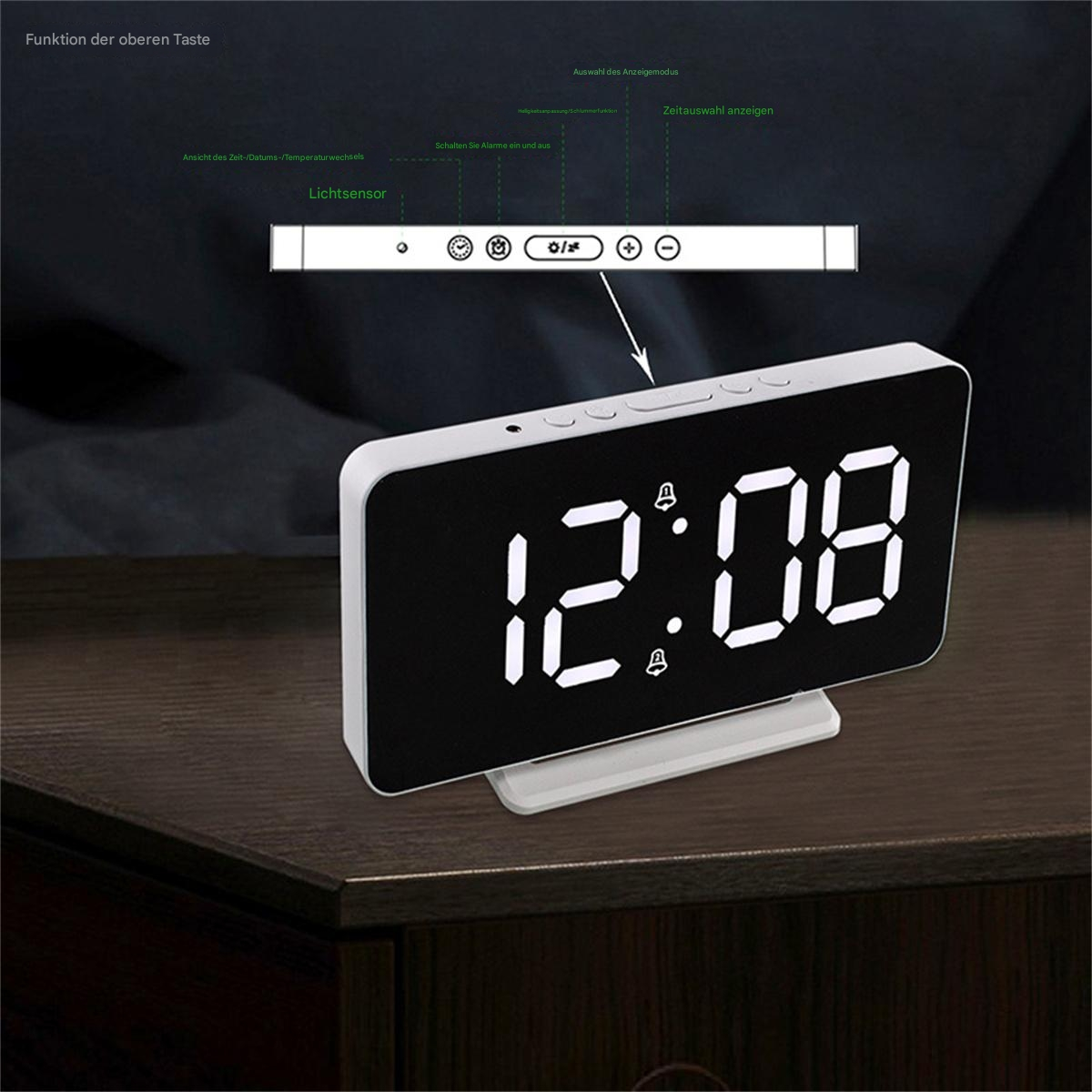 Digitaluhr zeigt 12:08. Weißer Rahmen, schwarzes Display. Tasten und Beschriftungen oben.