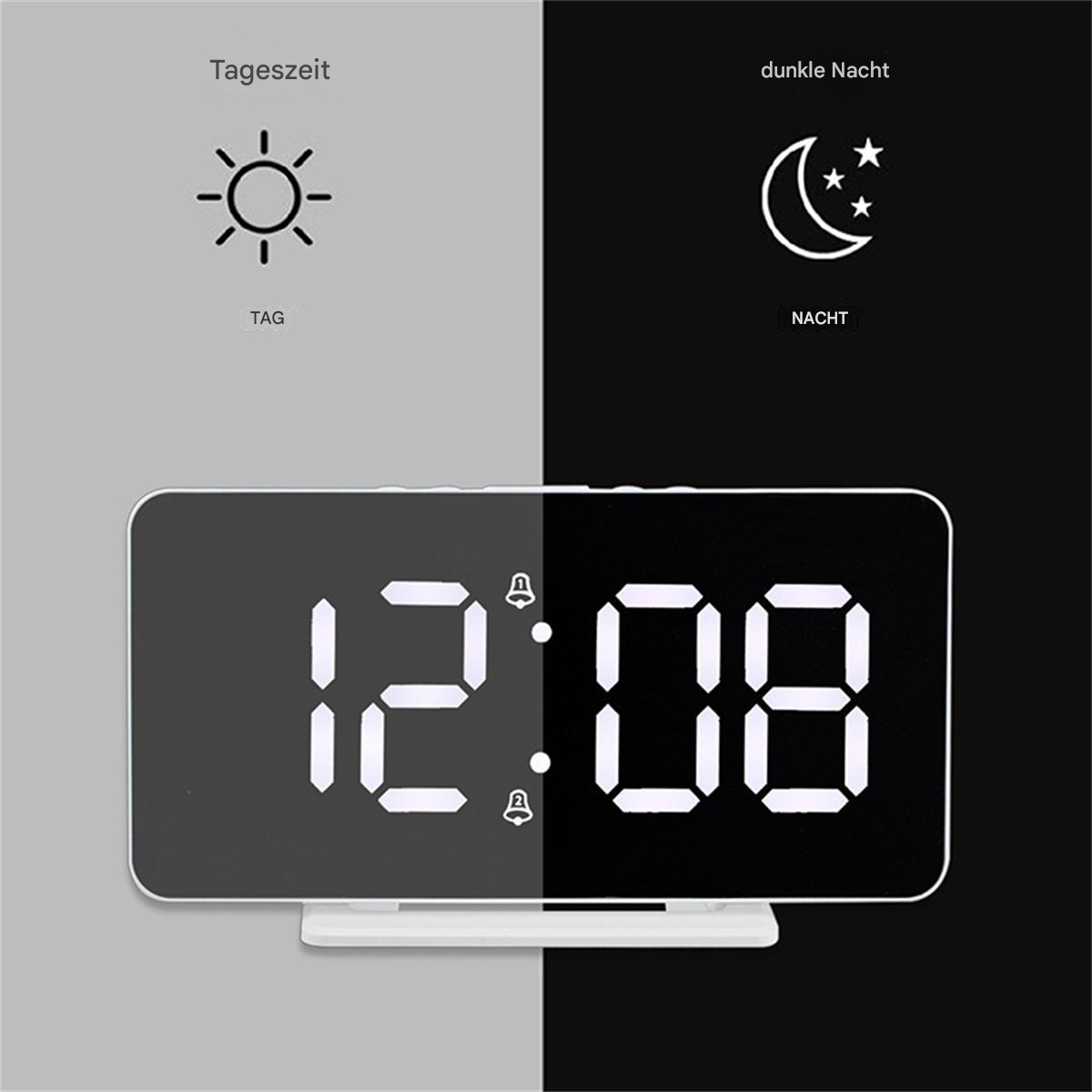 Digitaluhr mit 12:08, Sonne- und Mond-Icons zeigen Tag und Nacht an.