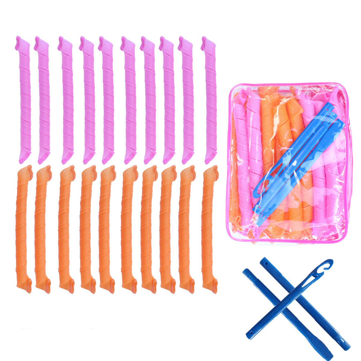 Haarroller in Pink und Orange, mit blauen Werkzeugen.