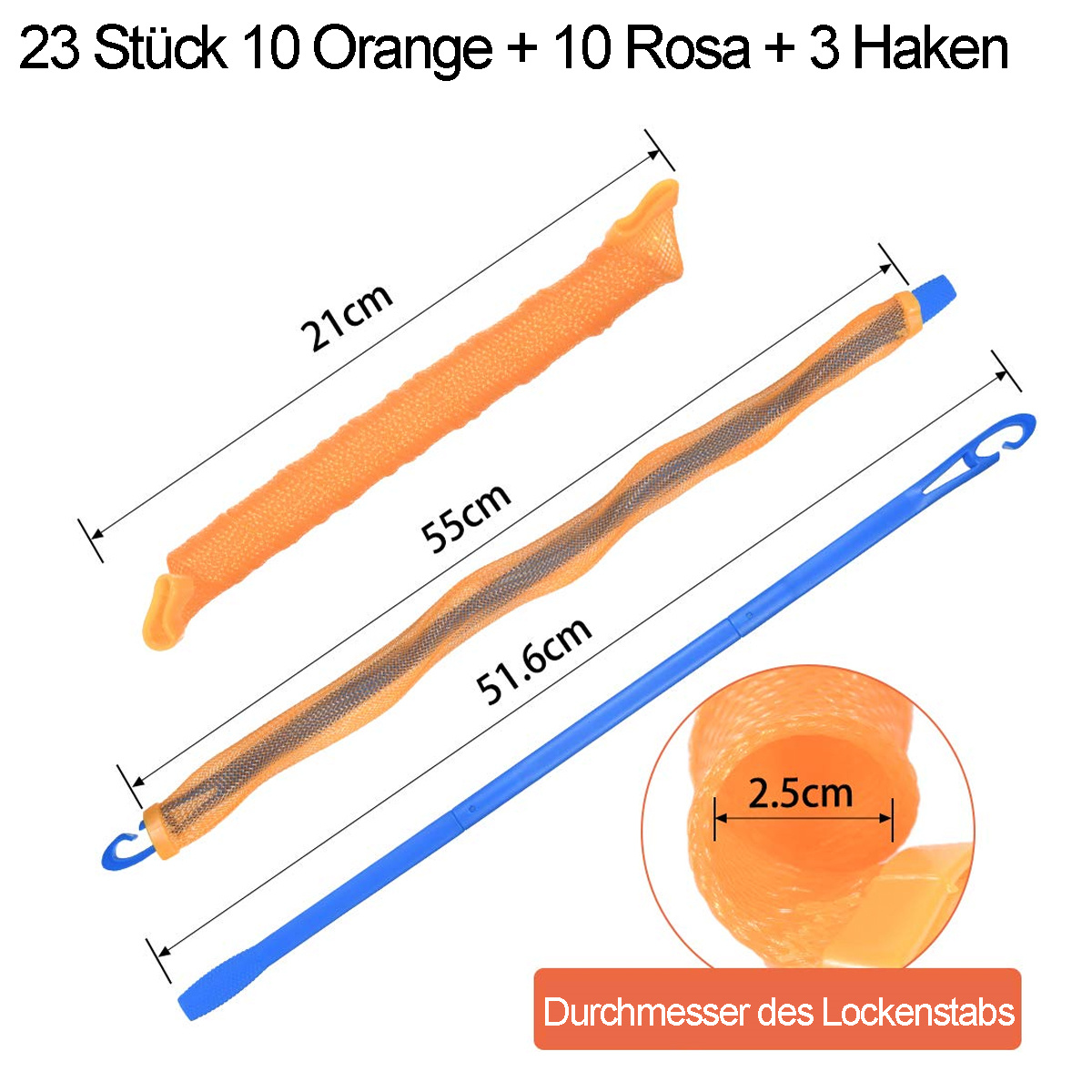 Lockenwickler-Werkzeuge. Zwei orangefarbene Schaumstoffwickler, blauer Lockenstab, oranges Seil. Maße angegeben.