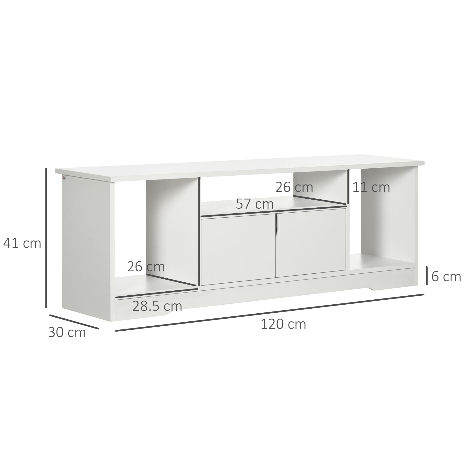 Un mobile TV bianco con due ante, un ripiano e dimensioni indicate.