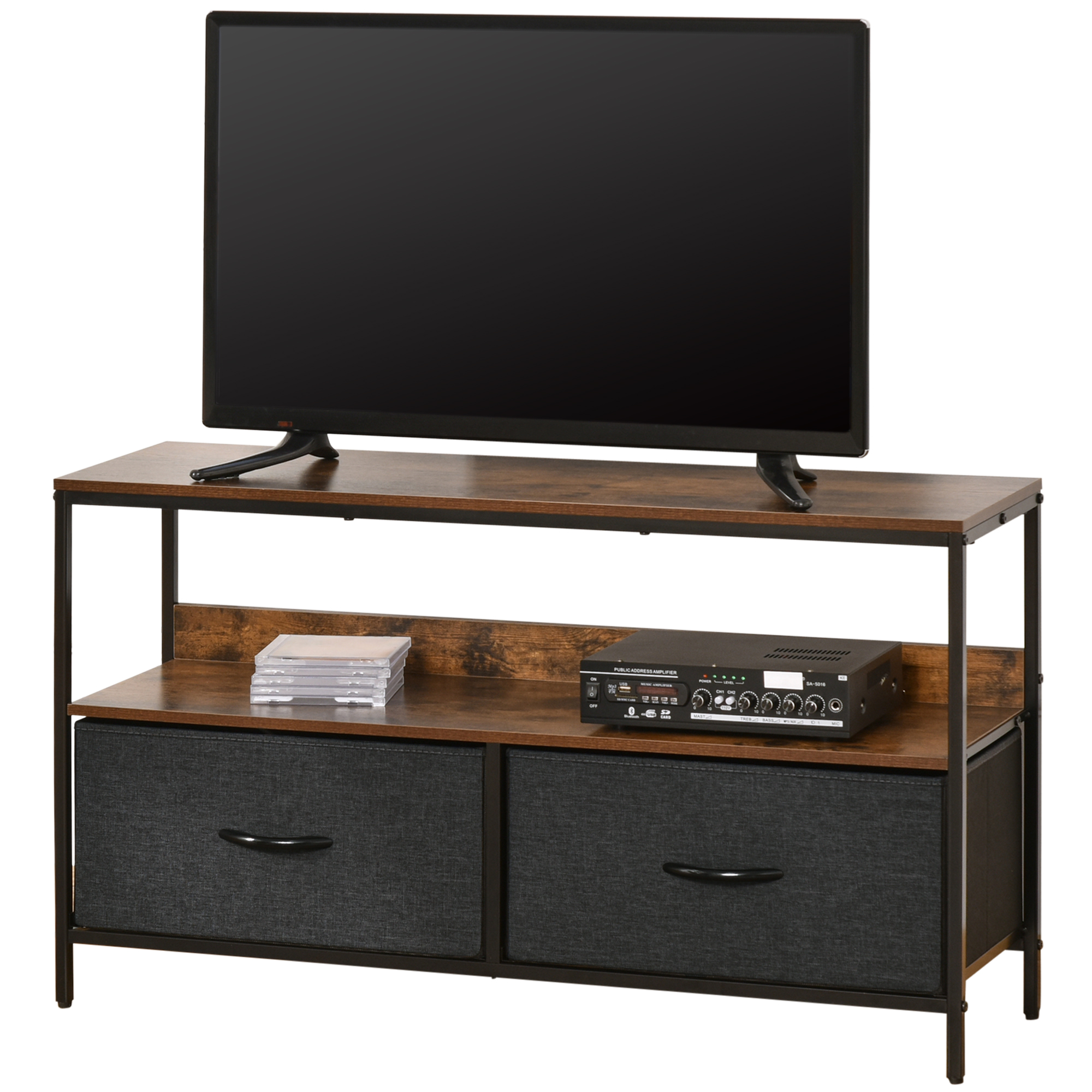 TV su un telaio in metallo e mobile TV in legno con due cassetti e apparecchiature audio.