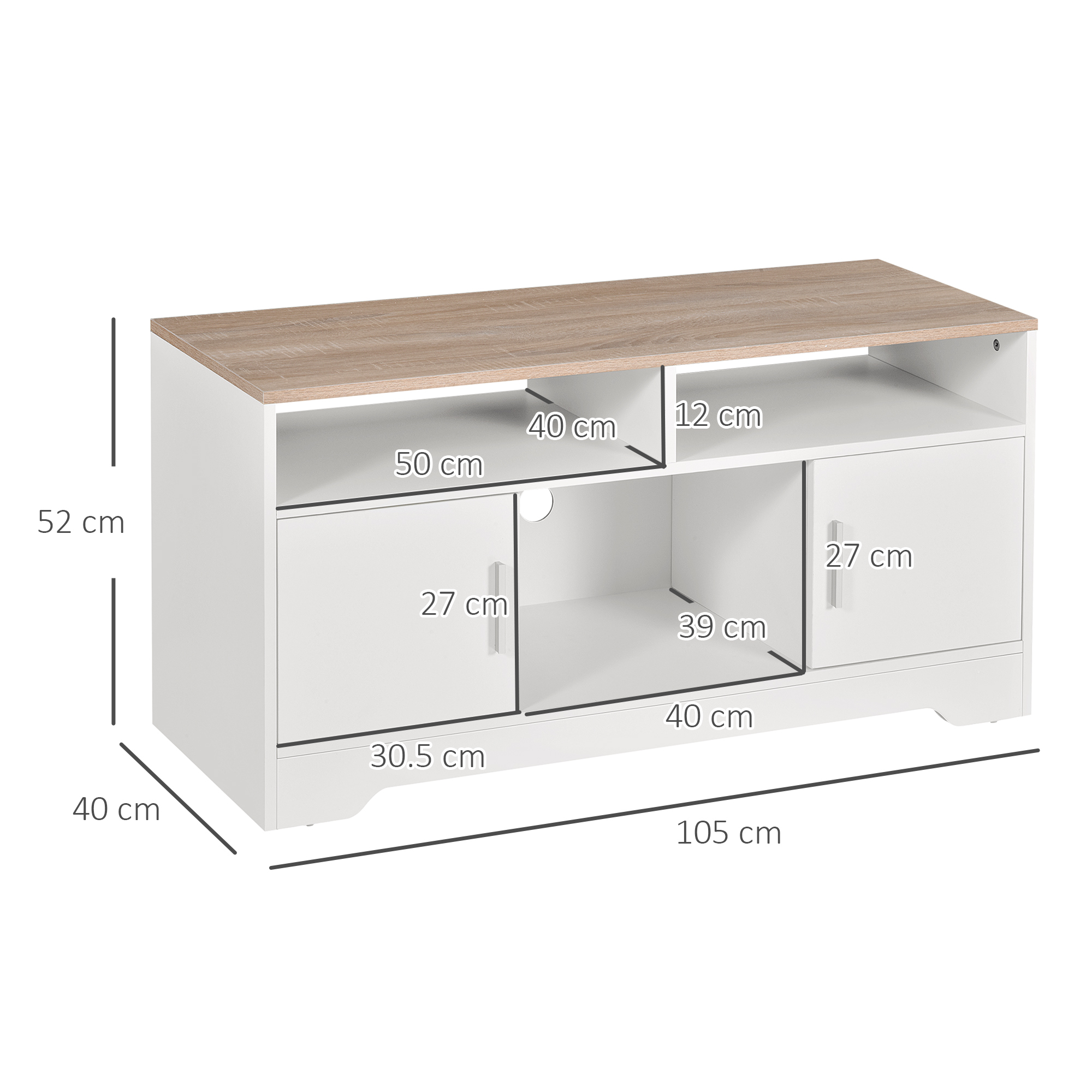 Mobile TV bianco e legno con dimensioni. Ha ante e uno spazio aperto. Le misure sono visualizzate.
