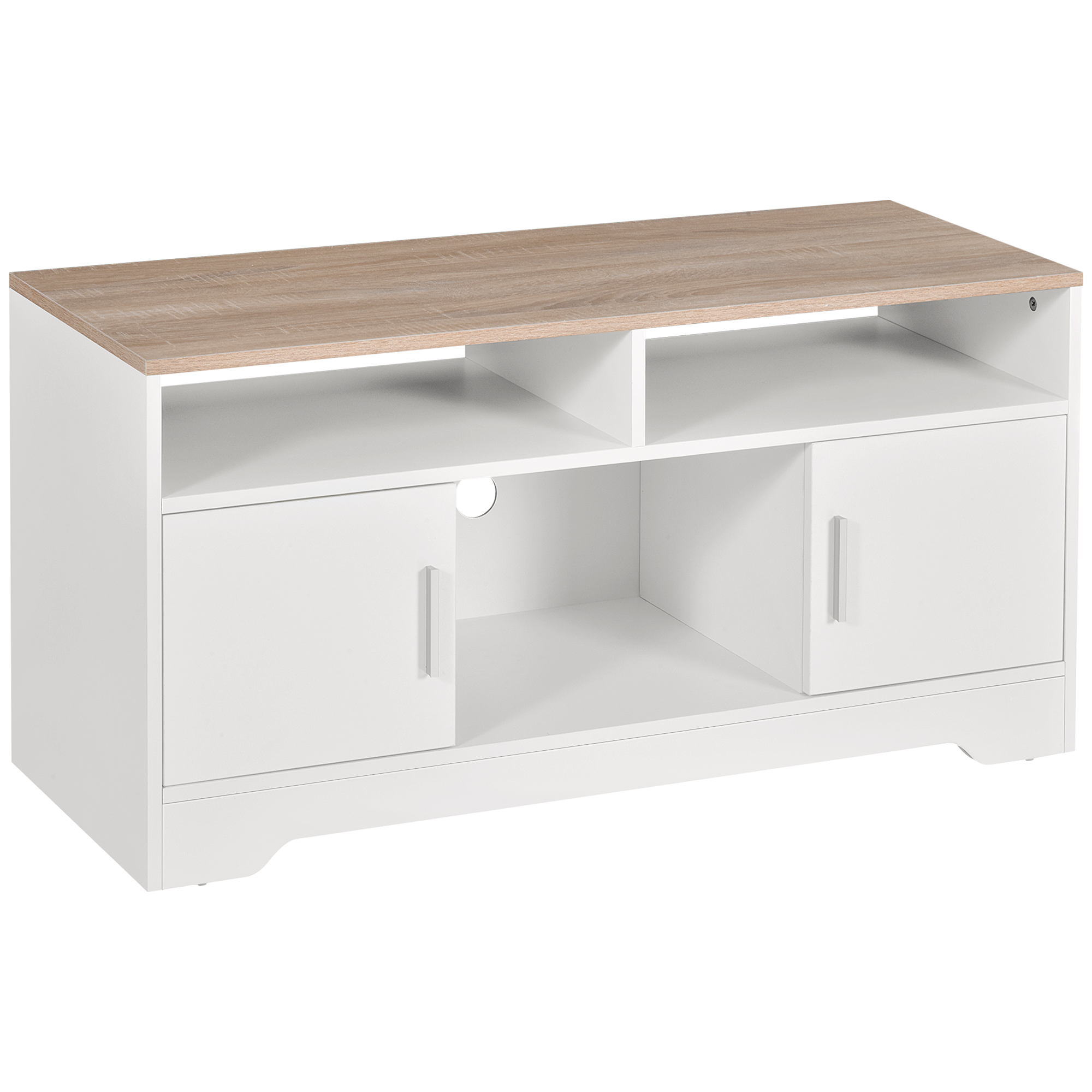 Mobile TV bianco con piano in legno. Presenta ripiani aperti e ante di armadi.