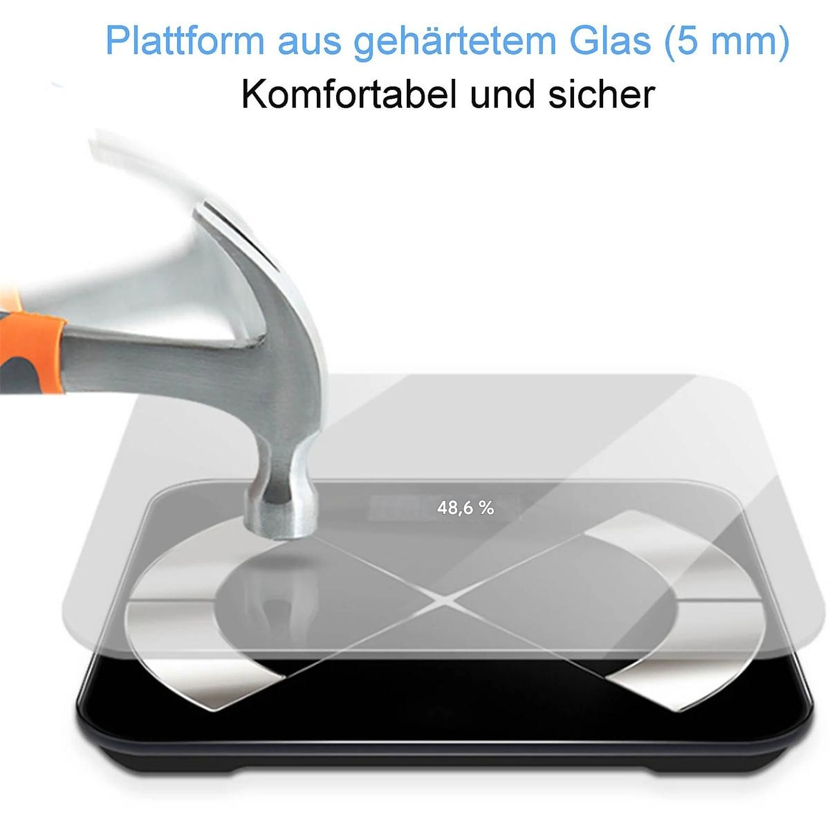Digitale Waage mit einem Hammer, der auf das Glas schlägt. Der Text lautet „Komfortabel und sicher“ und „48,6 %“ wird auf dem Bildschirm angezeigt.