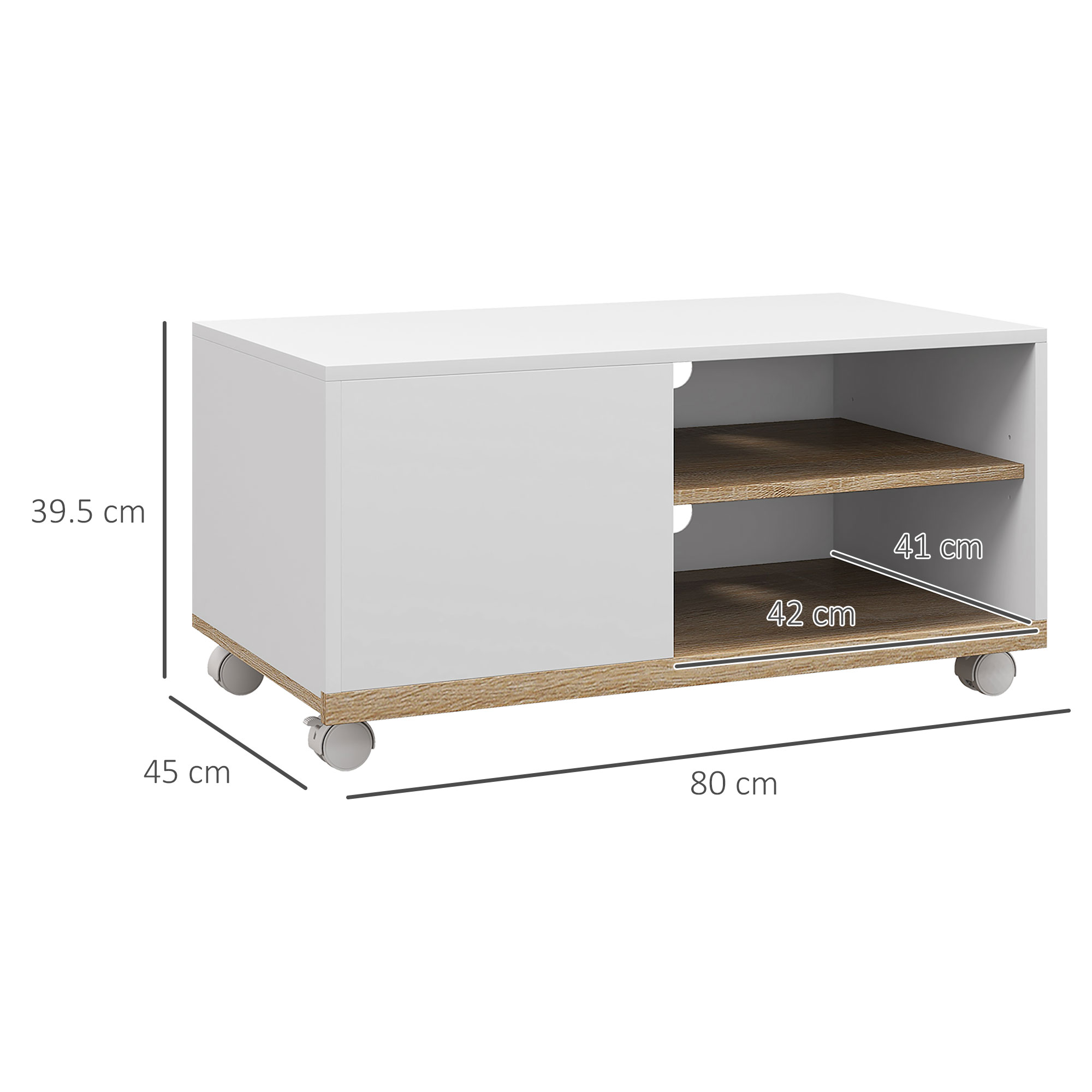 Mobile TV bianco con ripiani in legno, su ruote. Dimensioni: 80x45x39,5 cm.