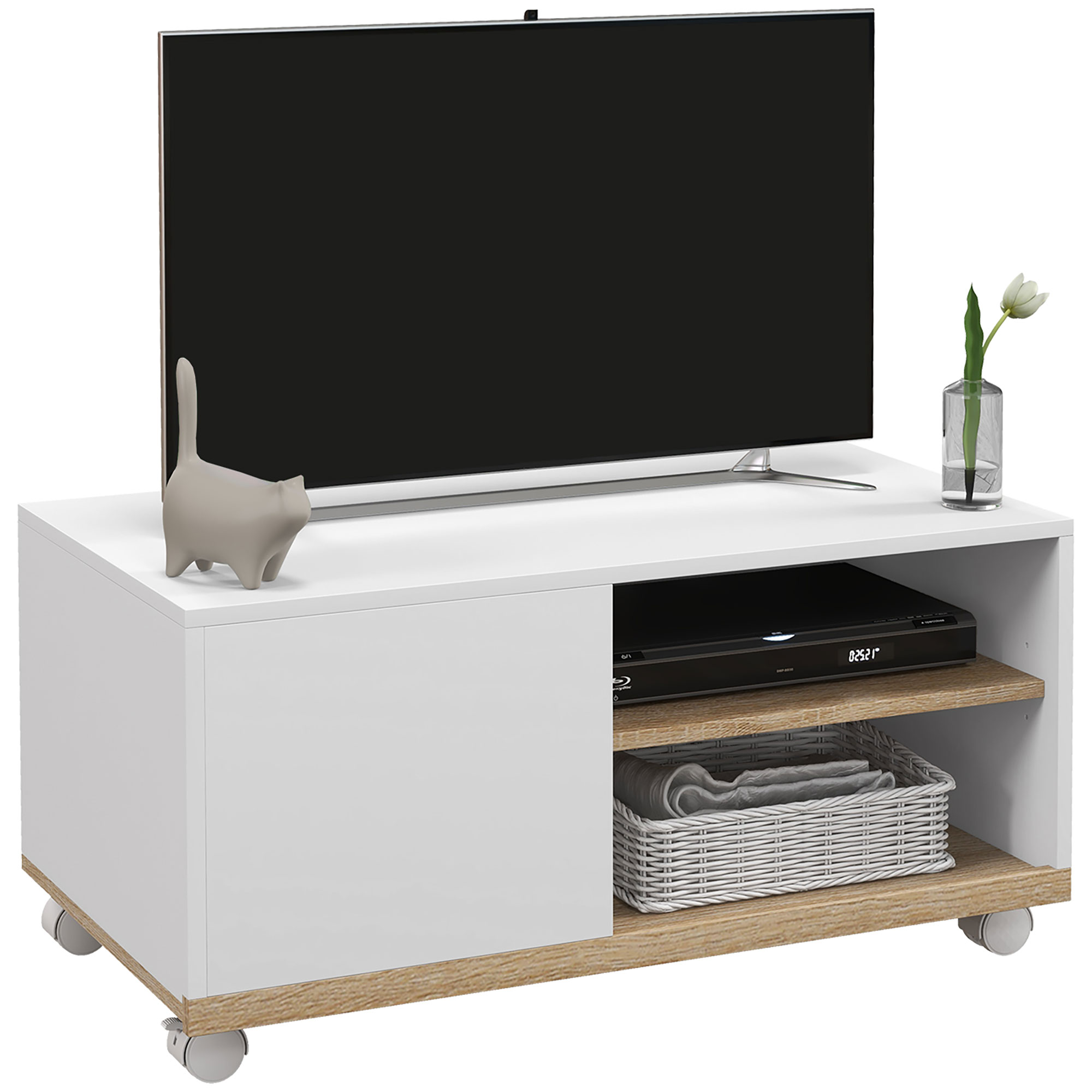 Mobile TV bianco con TV sopra, statua di gatto grigio e vaso. Ha una porta e una mensola aperta.