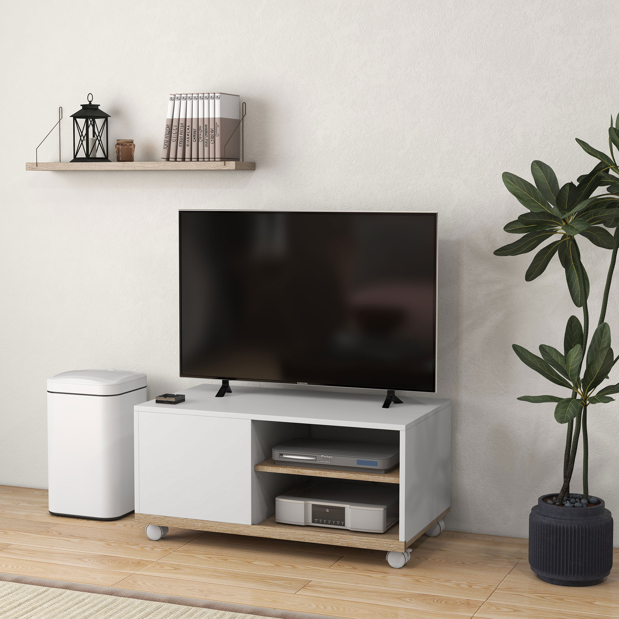 Un televisore su un mobile TV bianco. Un cestino e una pianta sono accanto. Un televisore è in cima.