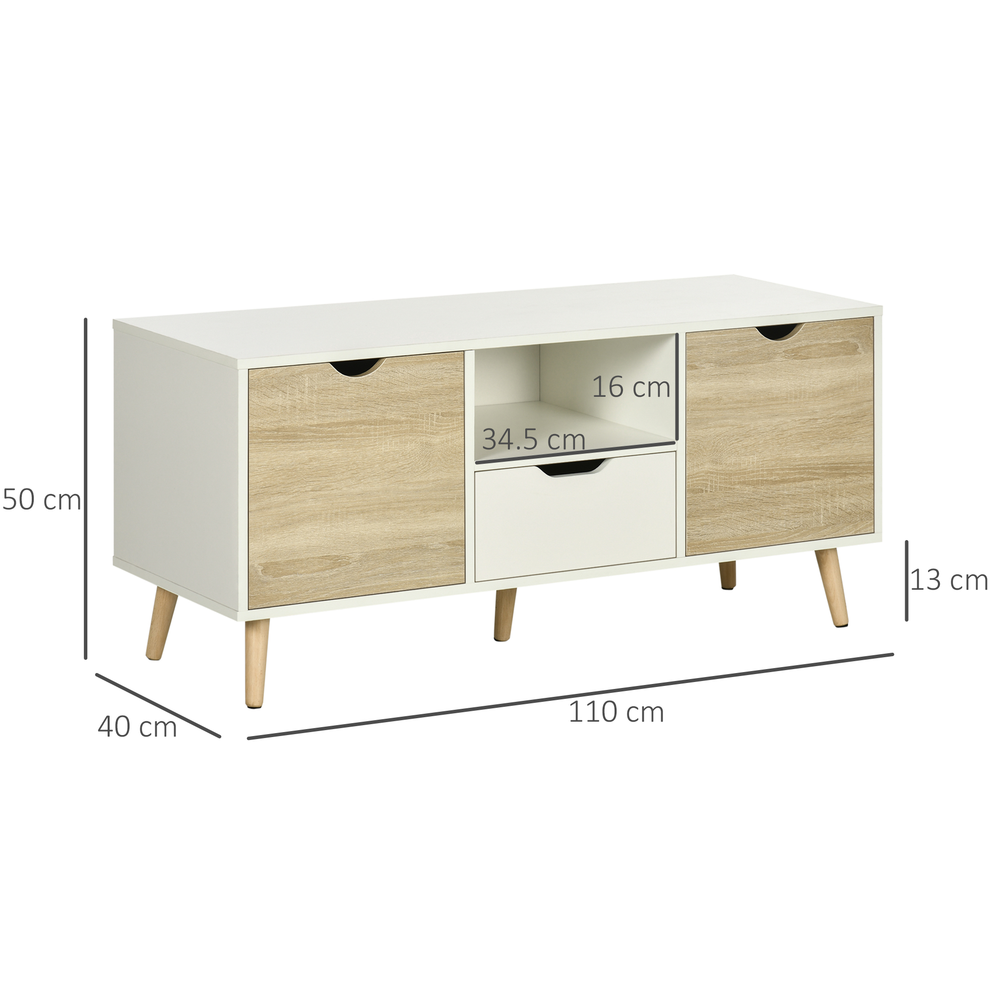 Mobile TV bianco con ante, cassetto e dettagli in legno, su un pavimento in legno.