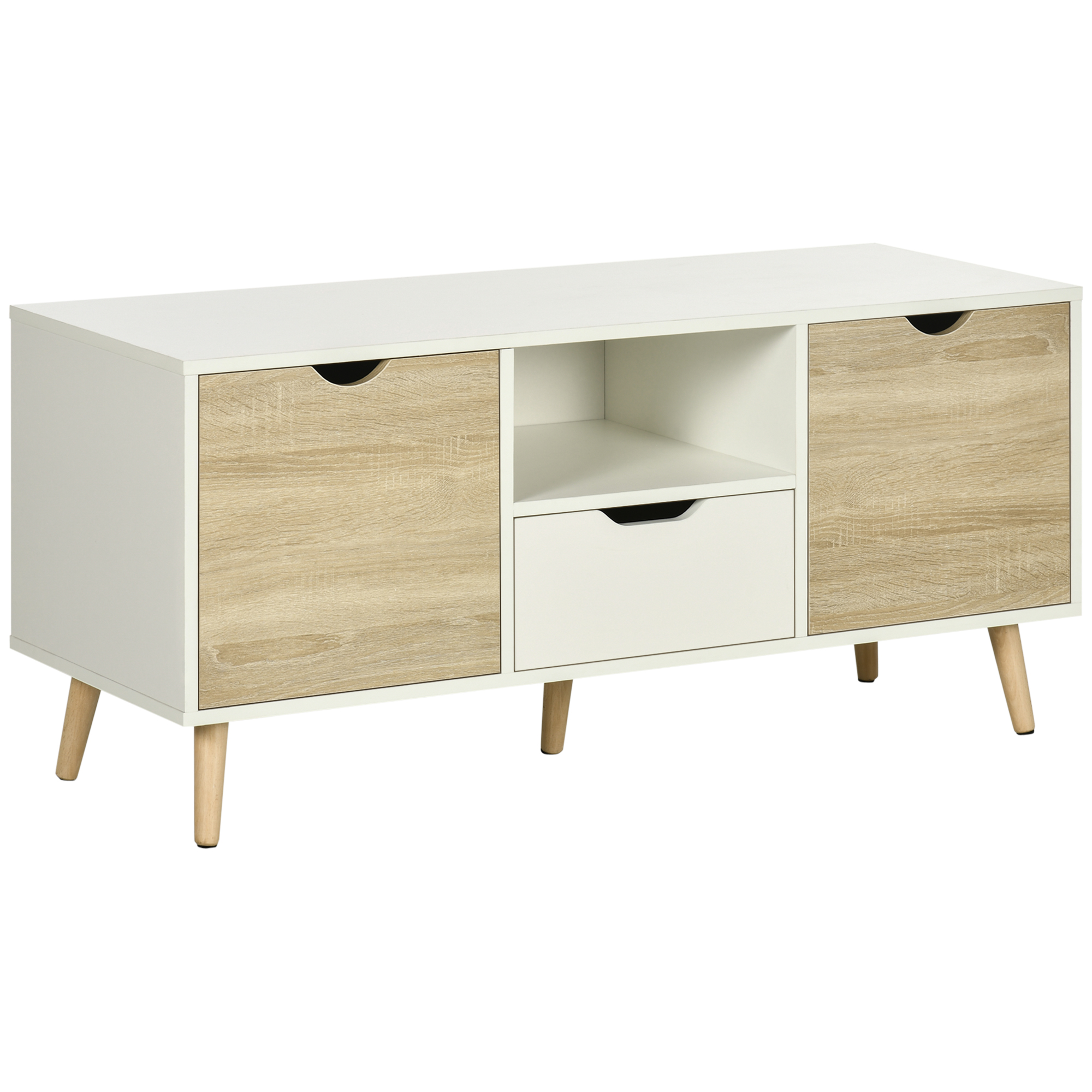 Un mobile TV bianco con ante in legno chiaro e un cassetto. Il mobile ha un design moderno.
