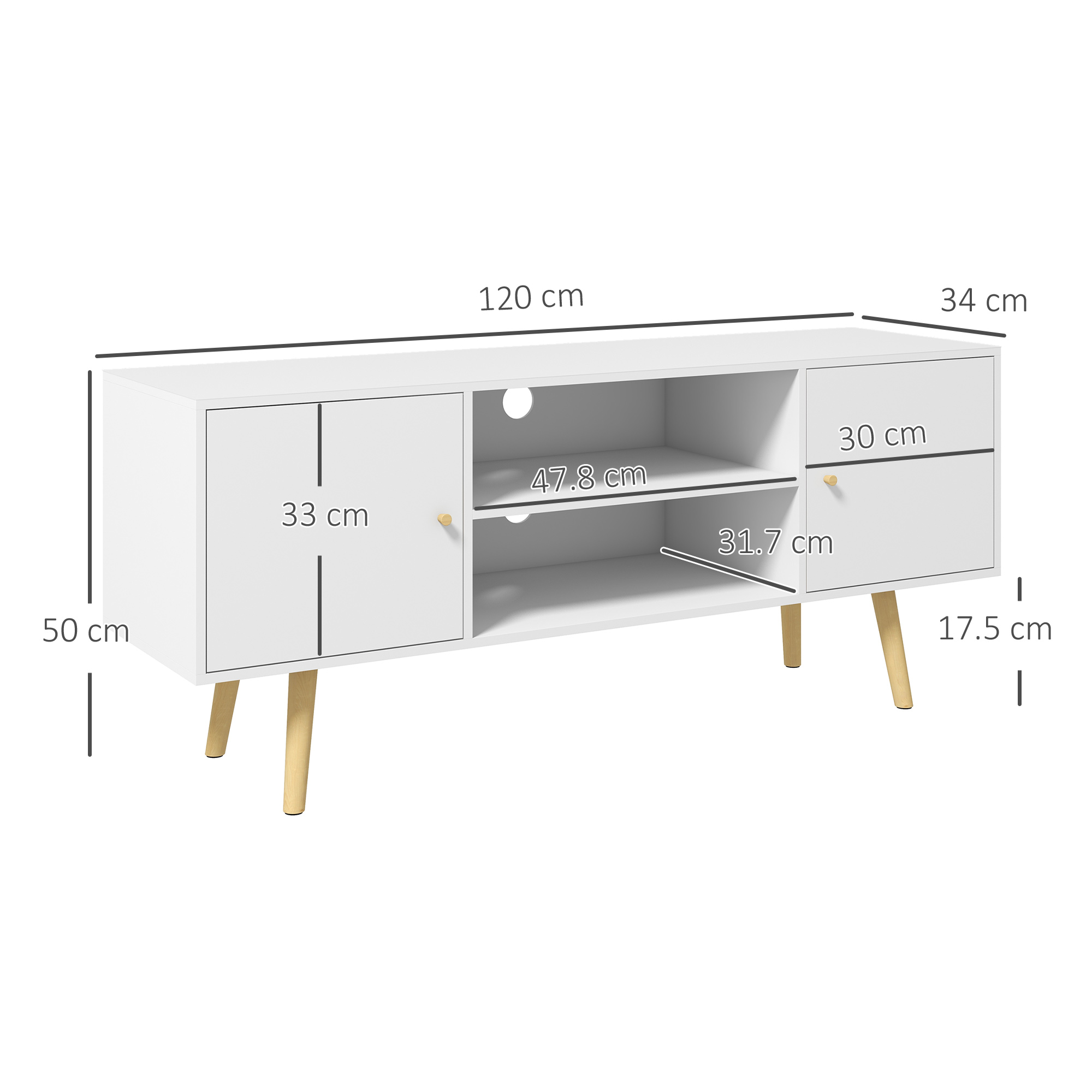 Mobile TV bianco con ante, cassetti e ripiano aperto. Dimensioni e maniglie dorate sono indicate.