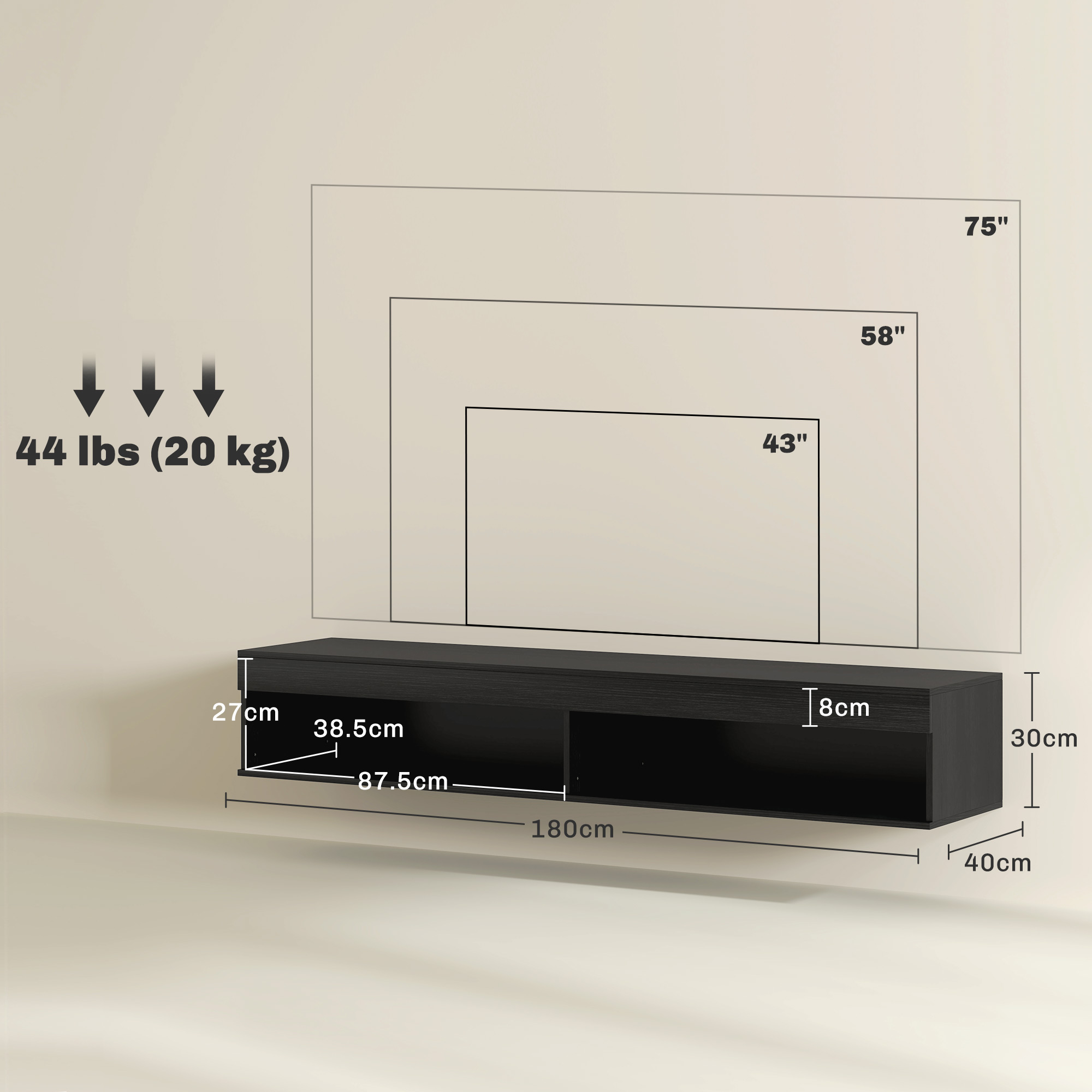 Supporto TV nero a parete. TV sopra. Dimensioni e capacità di peso visualizzate.