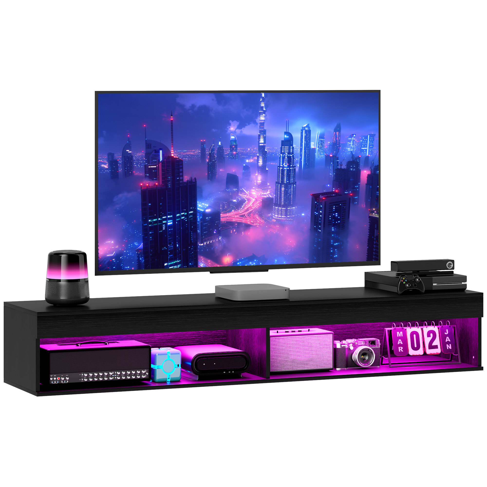 Un mobile TV nero con un televisore che mostra uno skyline. Il mobile ha luci e decorazioni.