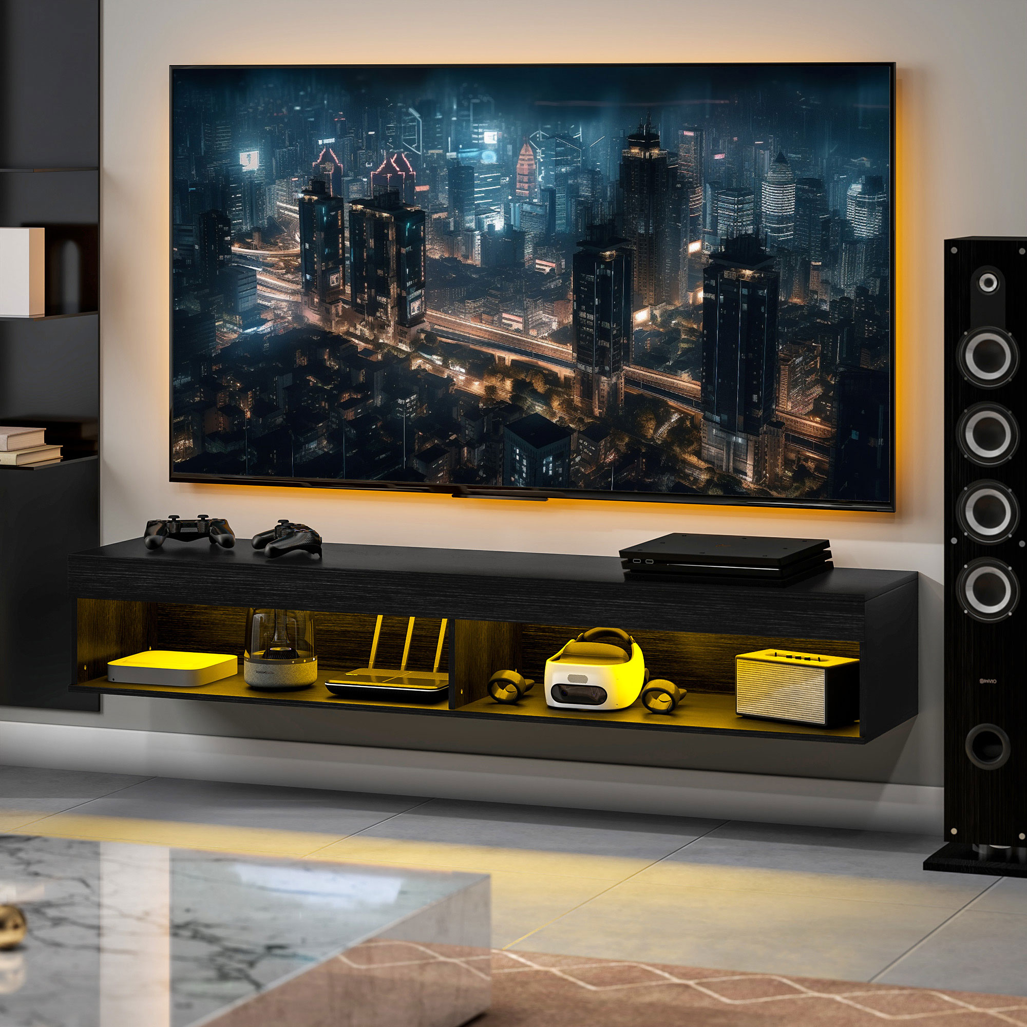 Un mobile TV nero con TV, console di gioco e sfondo di paesaggio urbano con illuminazione al neon.
