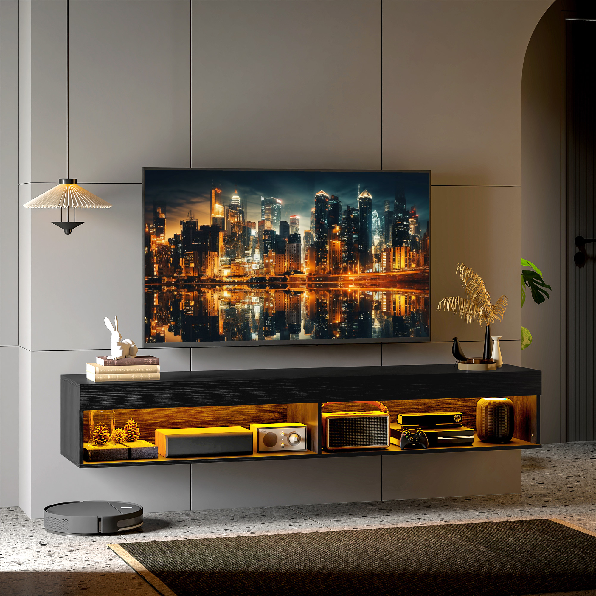 Grande TV su un mobile TV nero con luci, con immagine di paesaggio urbano. Scena d'interni.