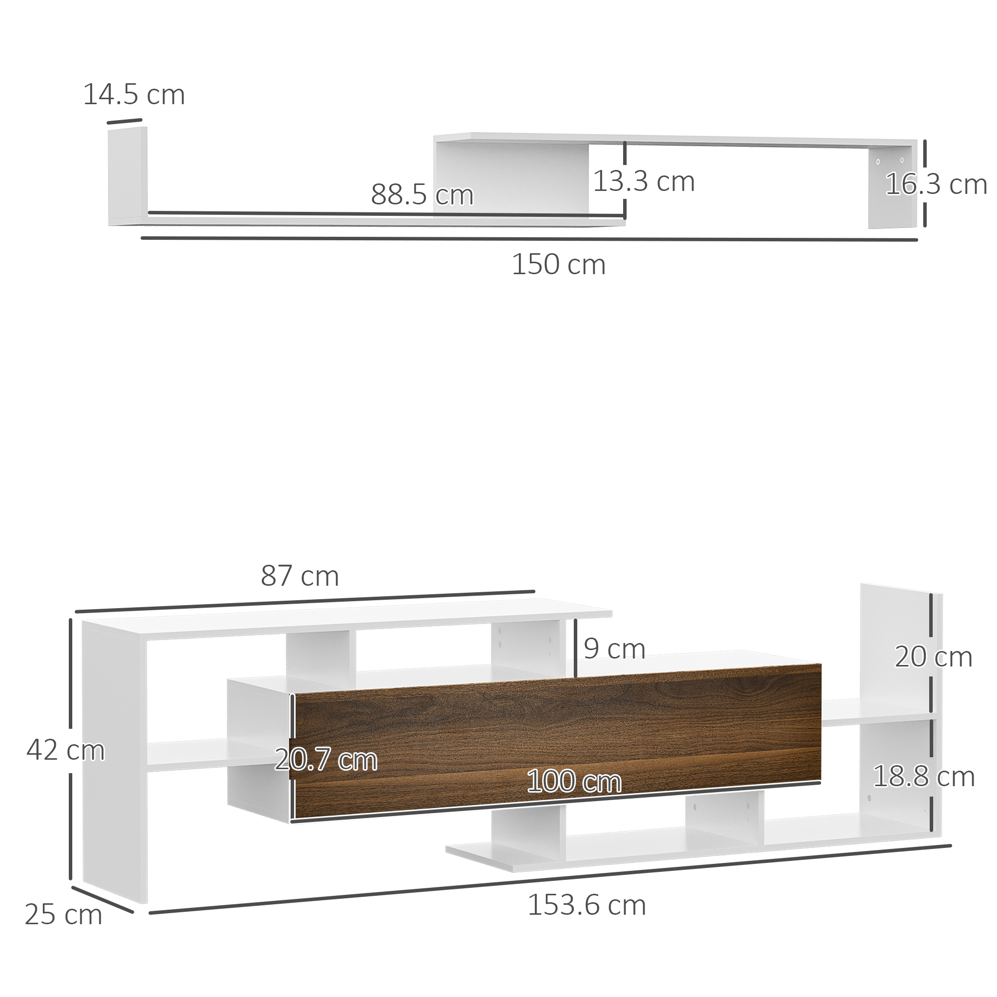 Mobile TV bianco e marrone con ripiani. Dimensioni: 153,6x100x42 cm. Sopra: 150 cm.