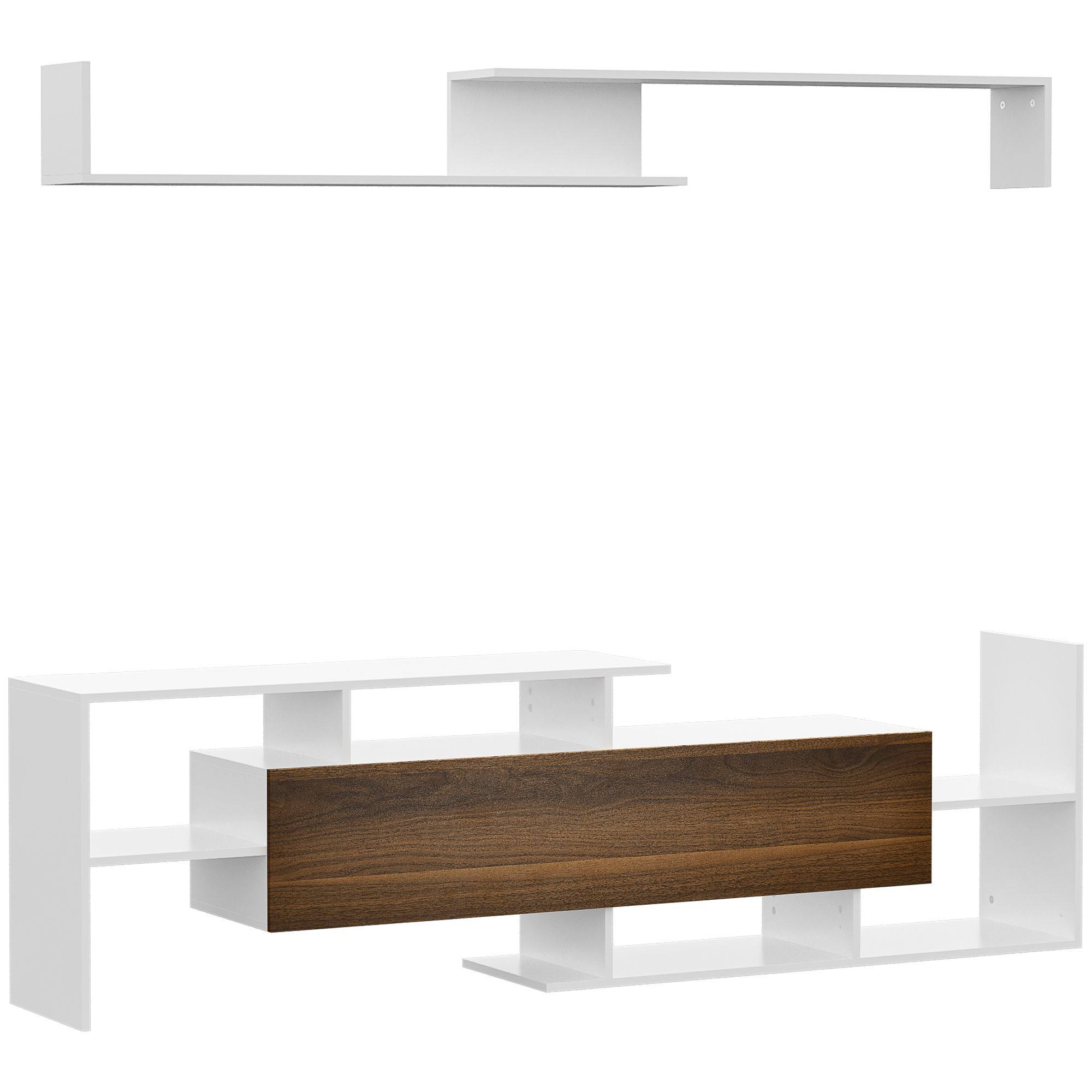Mobile TV bianco moderno con cassetto marrone, ripiani multipli e design astratto.