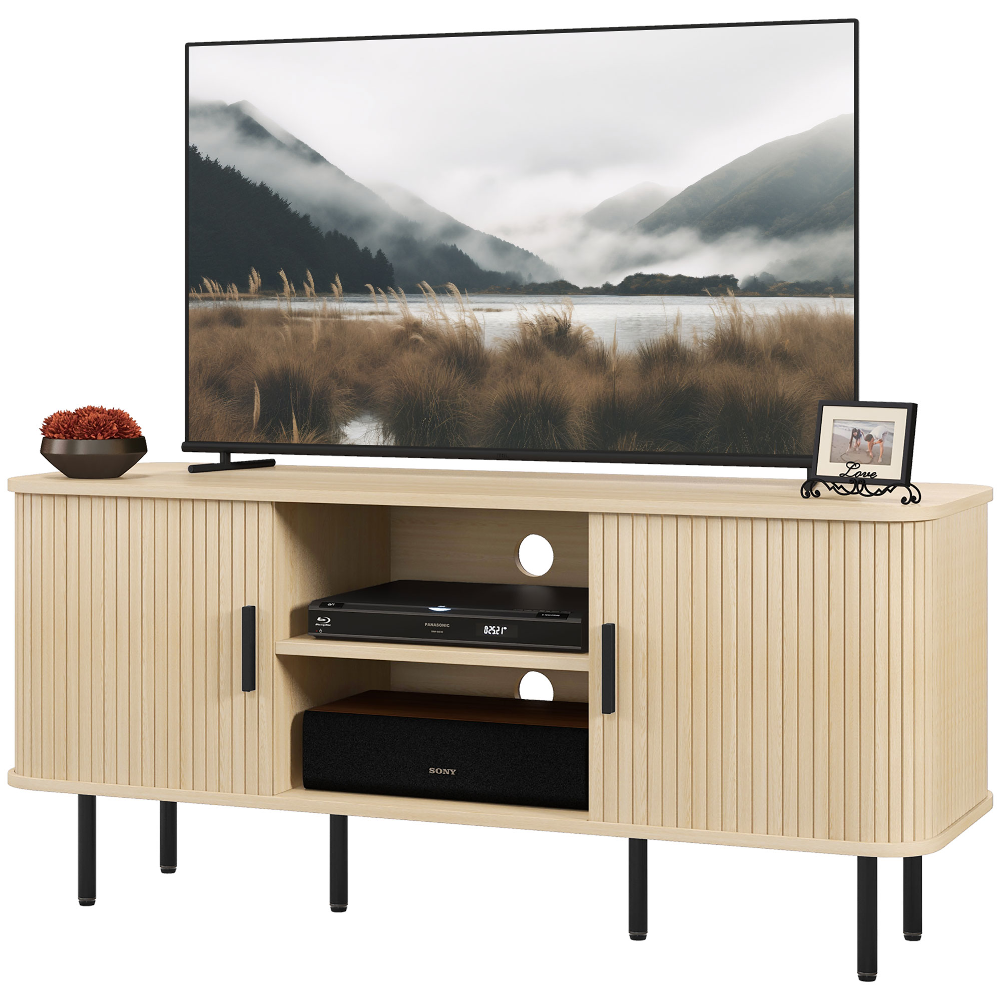 TV su mobile TV in legno chiaro con gambe nere. Due ante, ripiano.