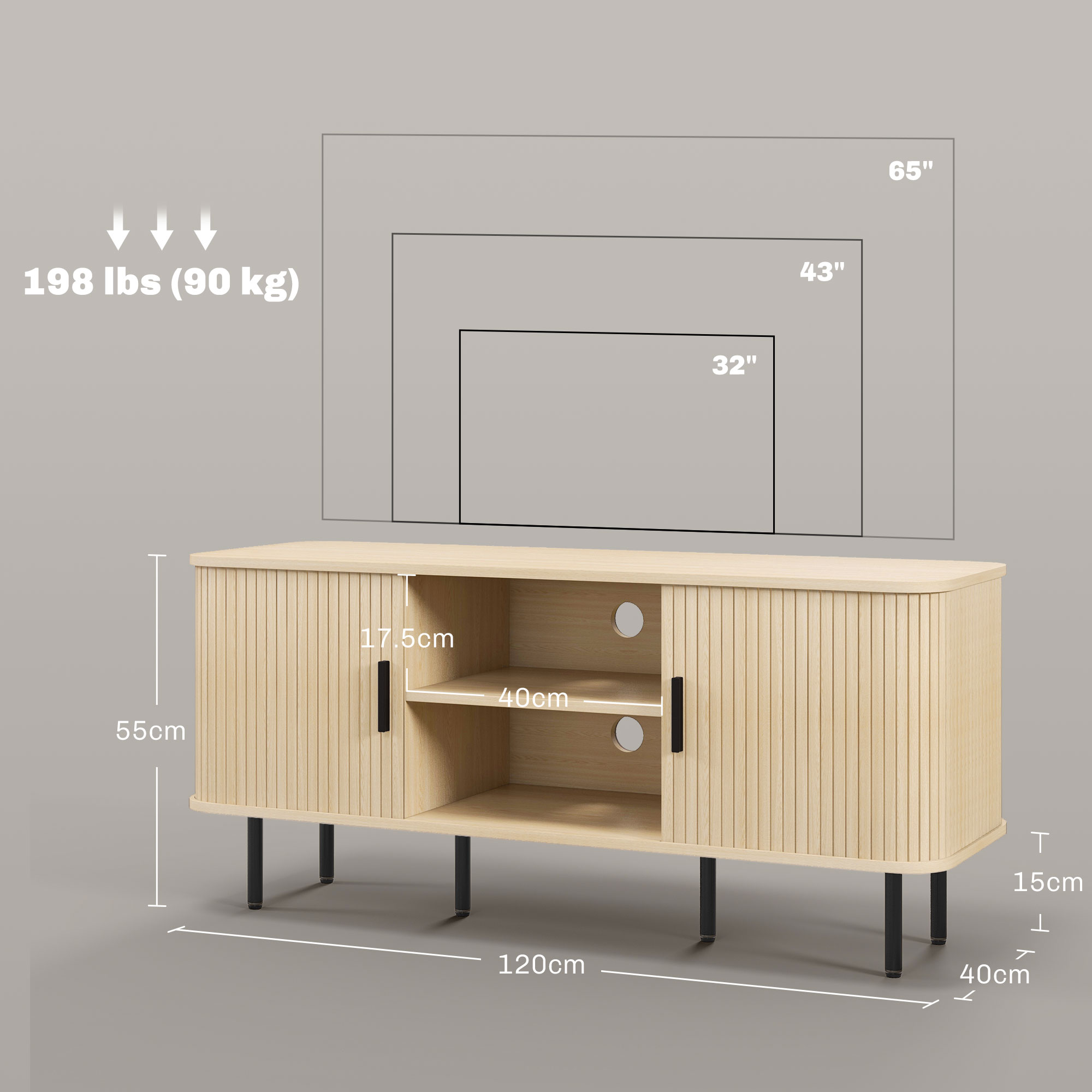 Mobile TV colorato chiaro con gambe nere. Dimensioni indicate. Supporta TV fino a 65".