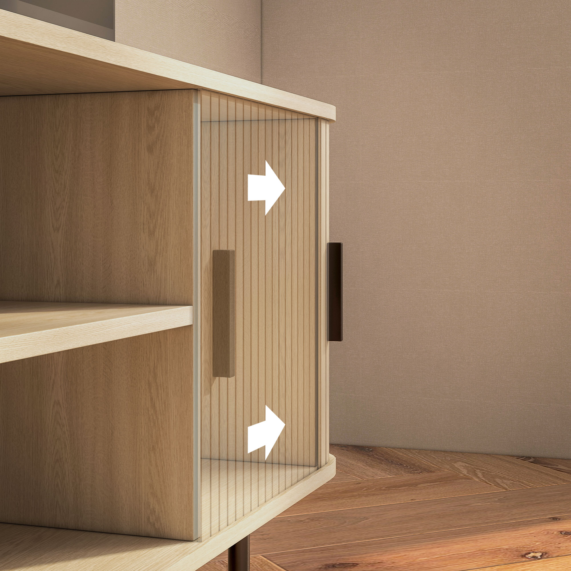 Primo piano di un mobile in legno con porte in vetro e maniglie. Frecce bianche indicano l'apertura.