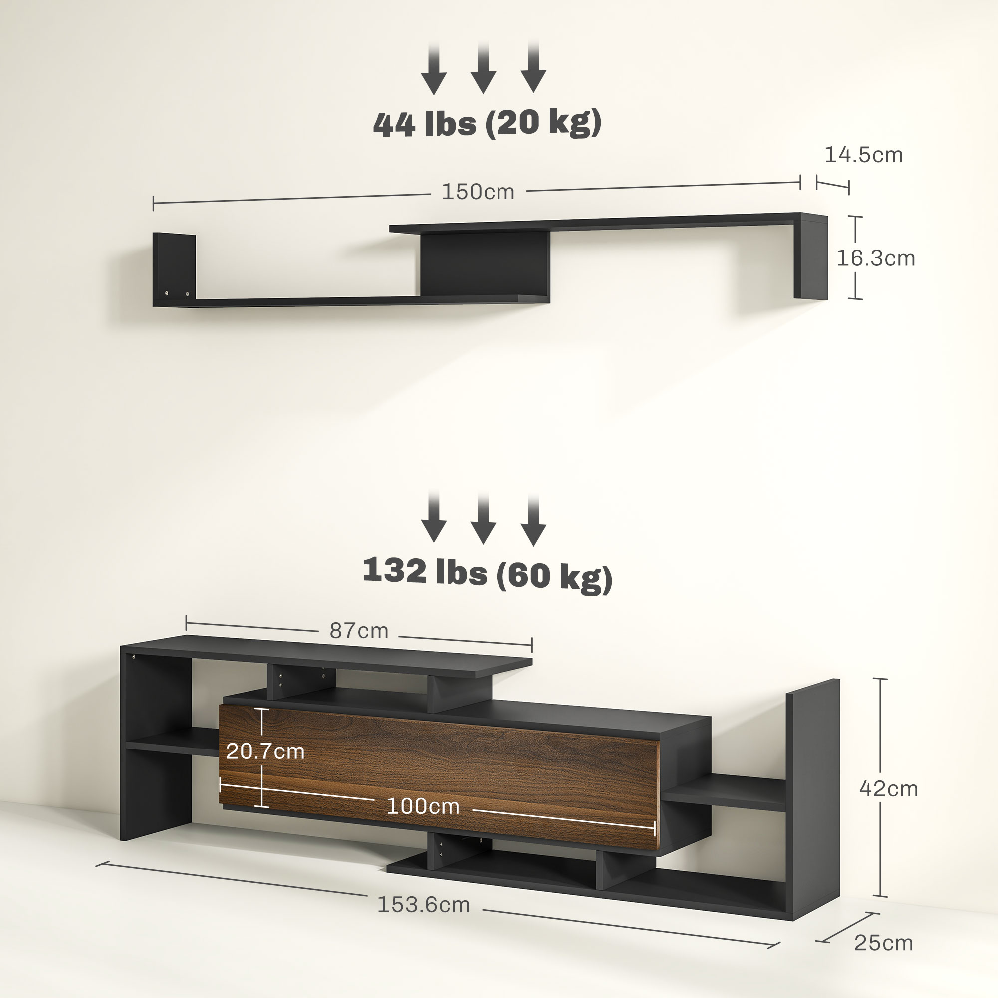 Diagramma di un mobile TV nero e marrone e di una mensola. Sono incluse dimensioni e informazioni sul peso.