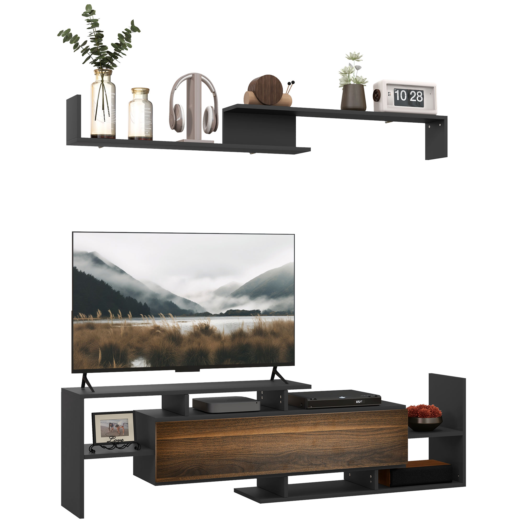 Un mobile TV nero con TV, decorazioni e ripiano con oggetti.
