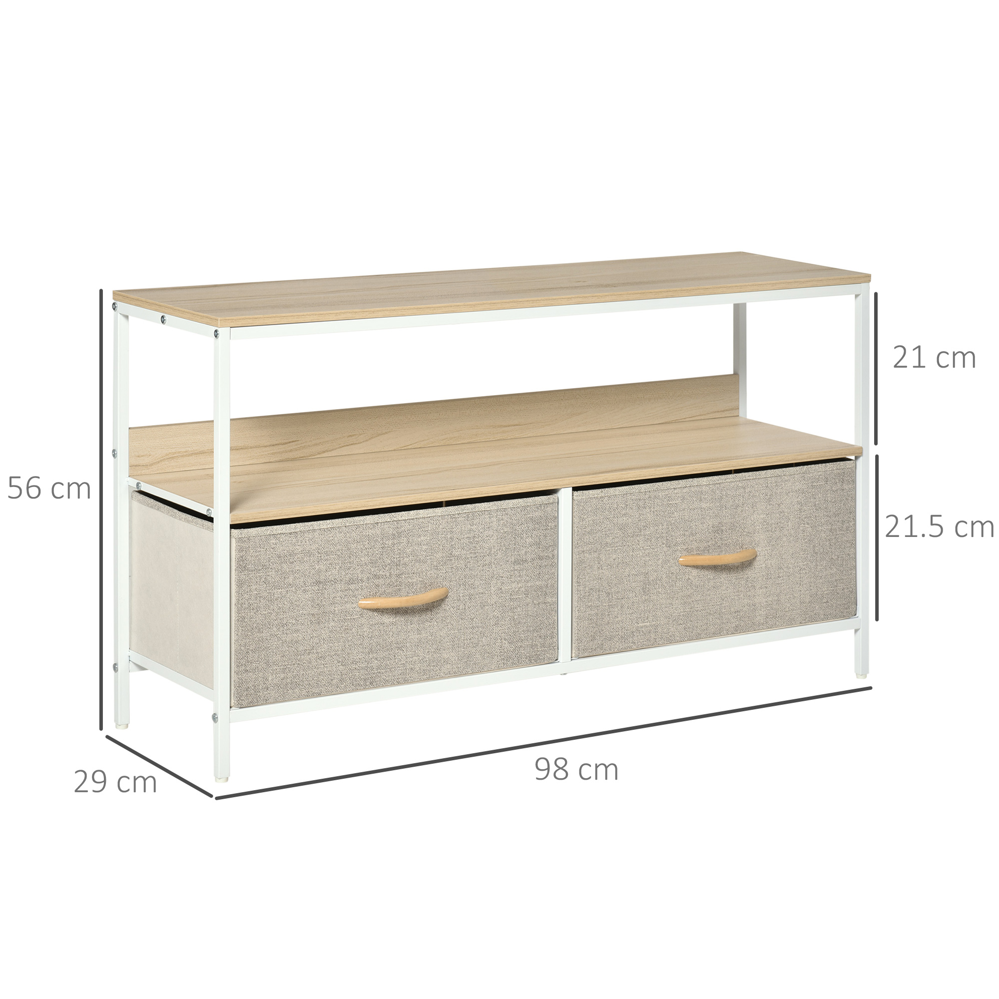 Mobile TV bianco e legno con due cassetti in tessuto. Dimensioni: 98x29x56 cm.