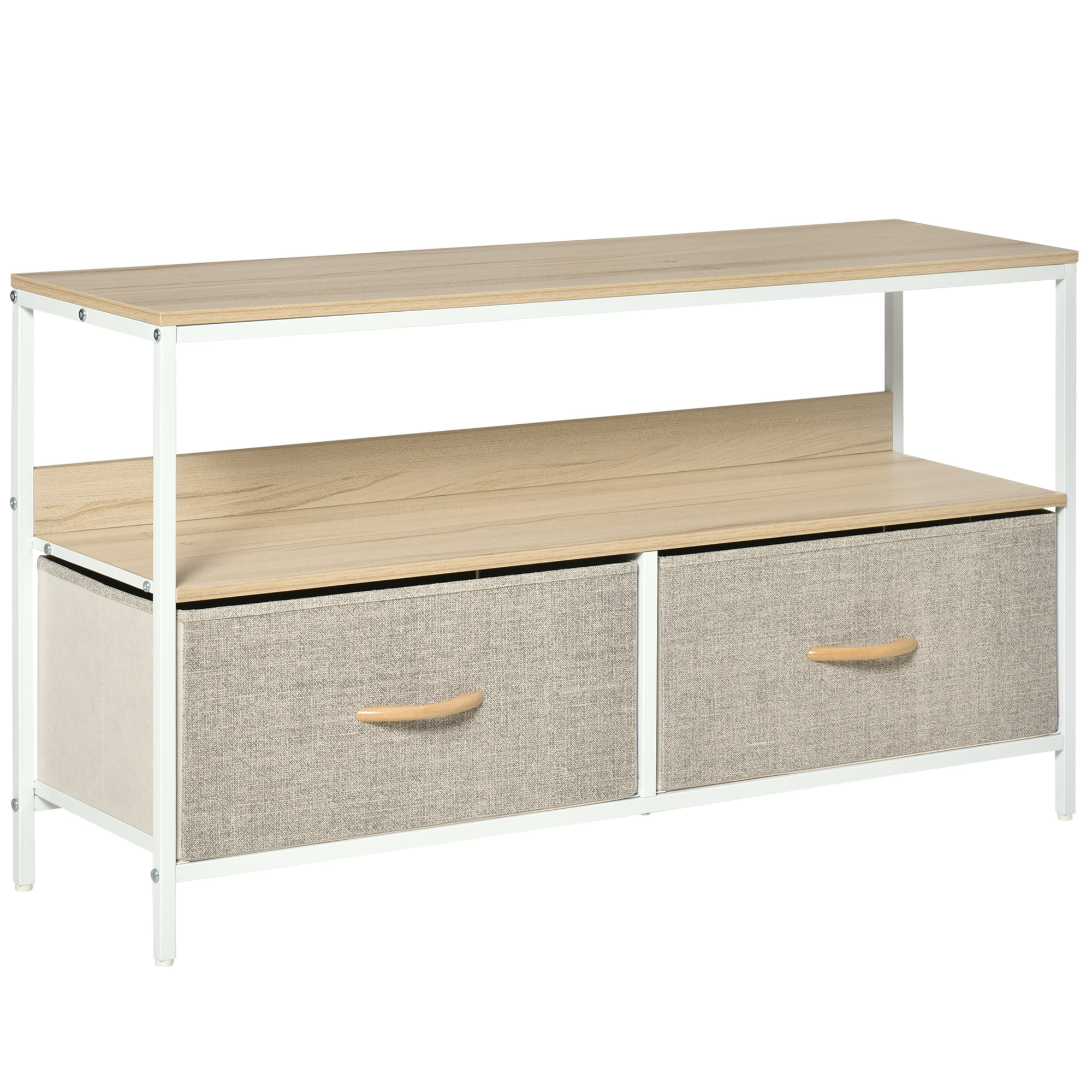 Mensola in legno con struttura in metallo bianco, due cassetti. Colore legno chiaro e cassetti in tessuto grigio.