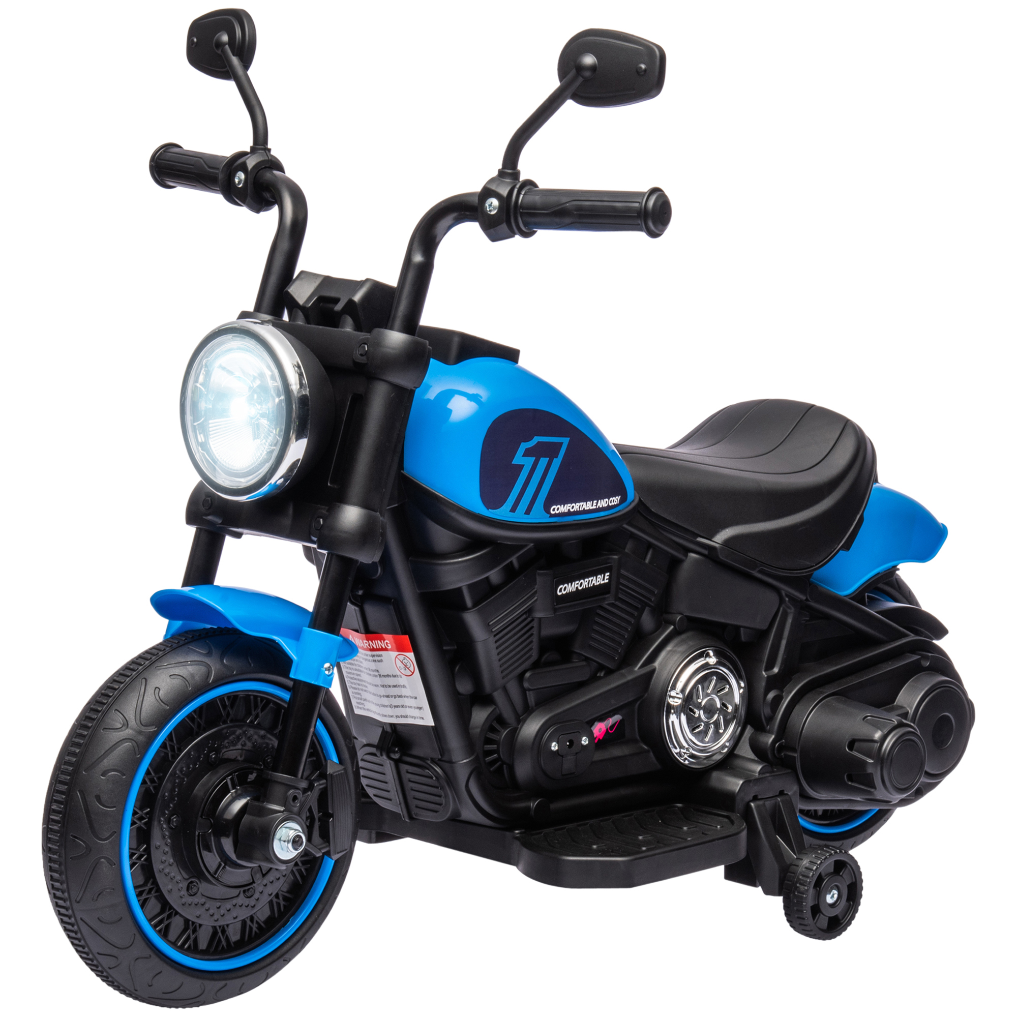 Moto giocattolo blu e nera con faro e pneumatici neri.