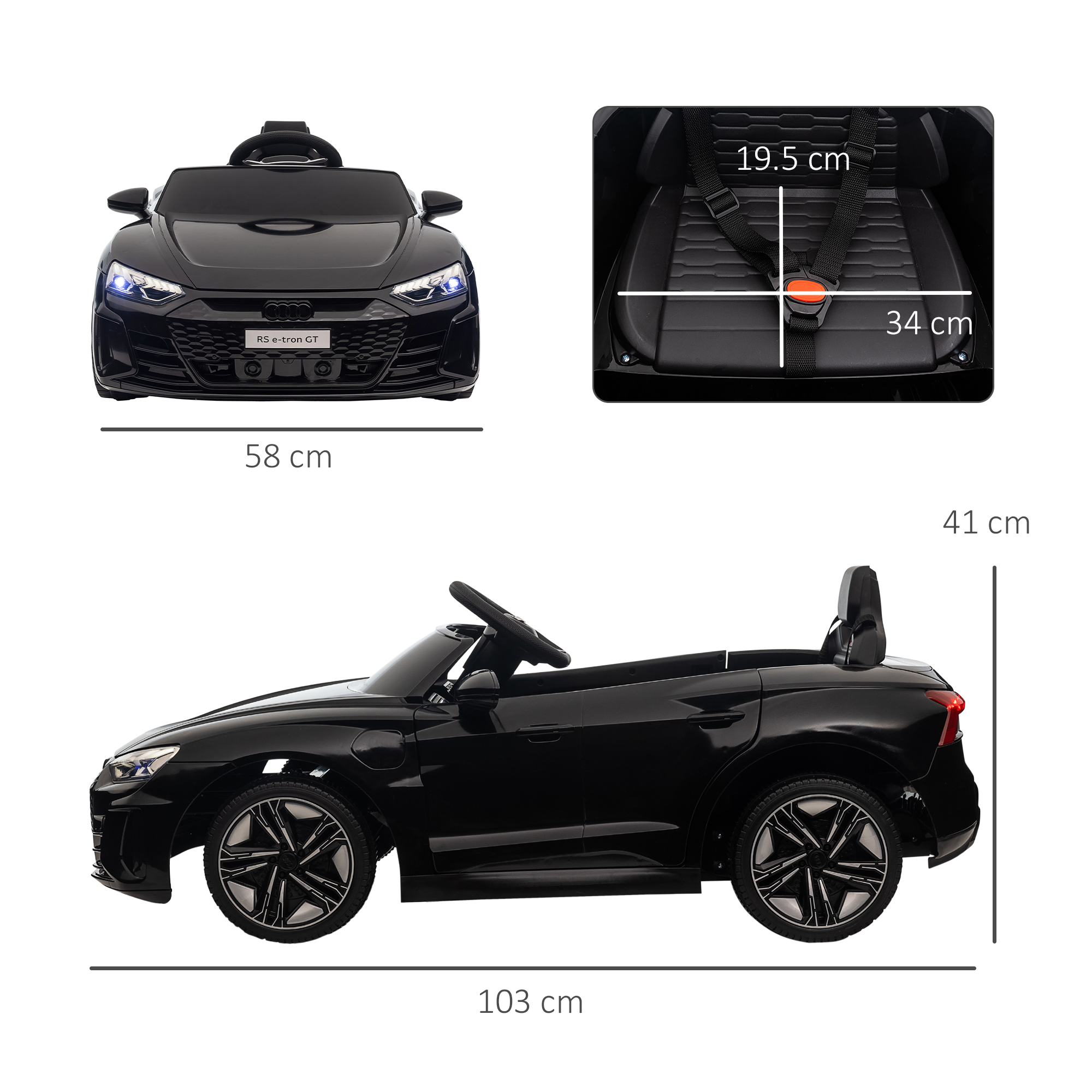 Macchina giocattolo Audi RS e-tron GT nera con dimensioni. Sono visibili anche la vista frontale e le dimensioni del sedile.