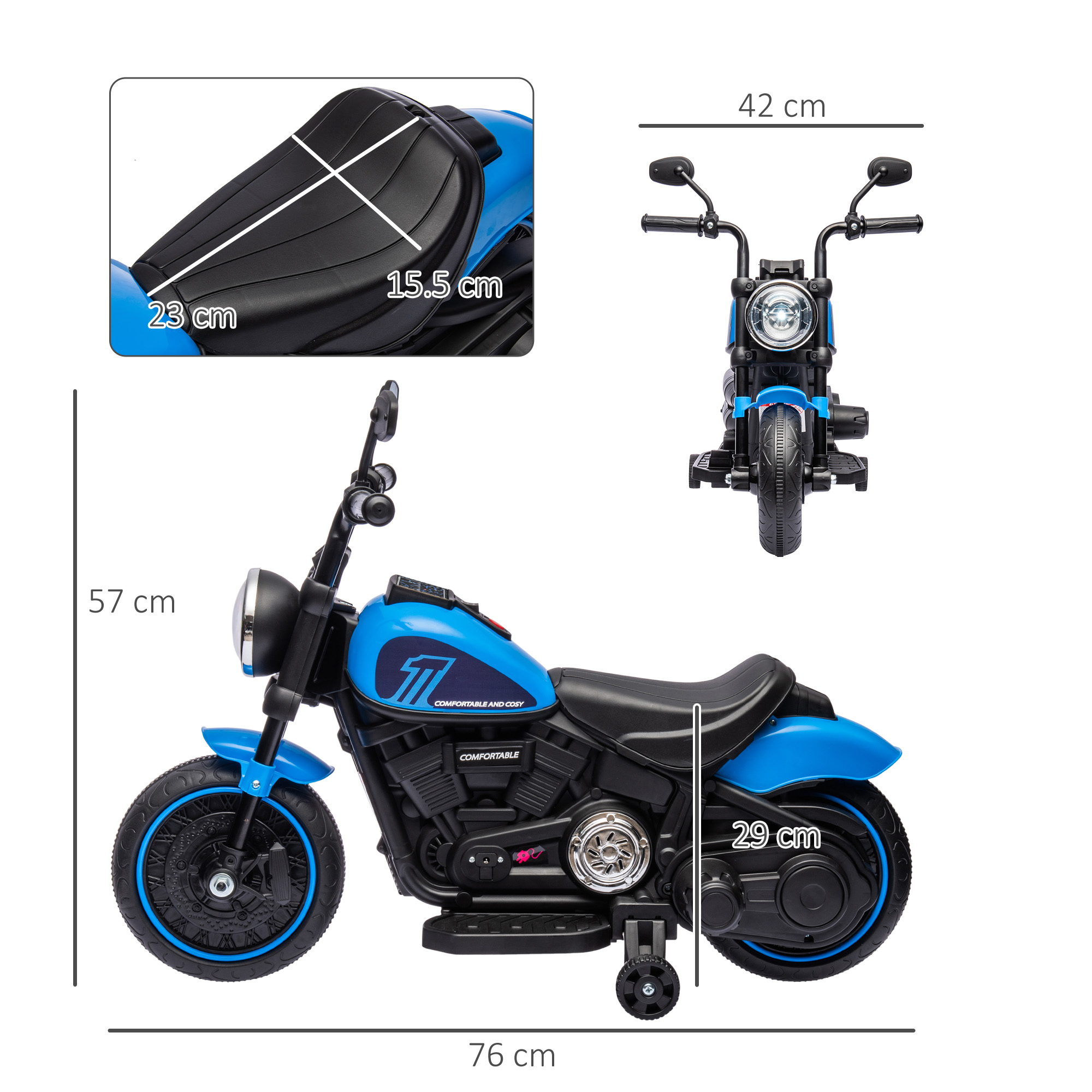Moto giocattolo blu con dettagli dimensionali, 76 cm di lunghezza.