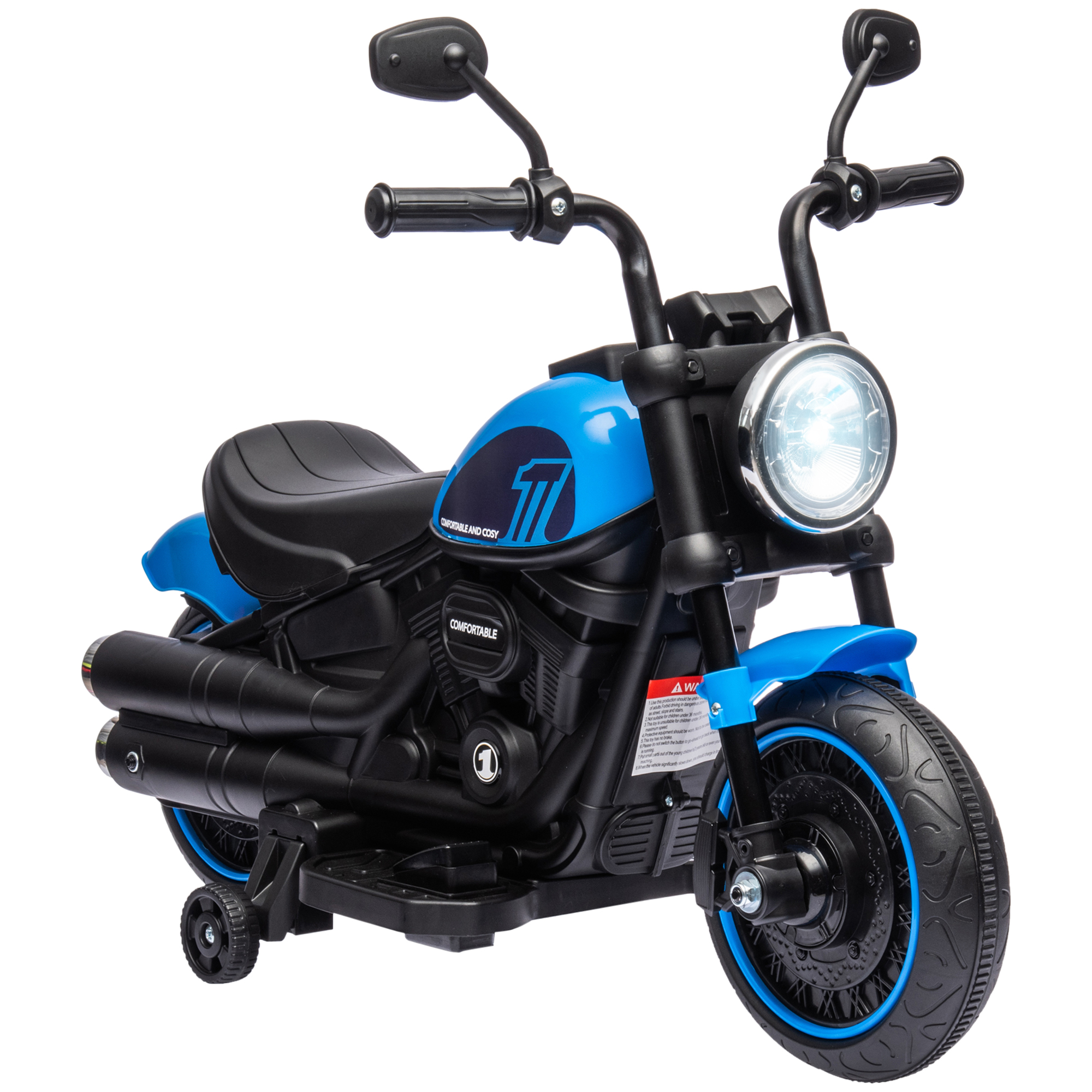 Moto giocattolo blu. Il faro è acceso. Ruote nere. Dettagli neri e blu. Sfondo bianco.