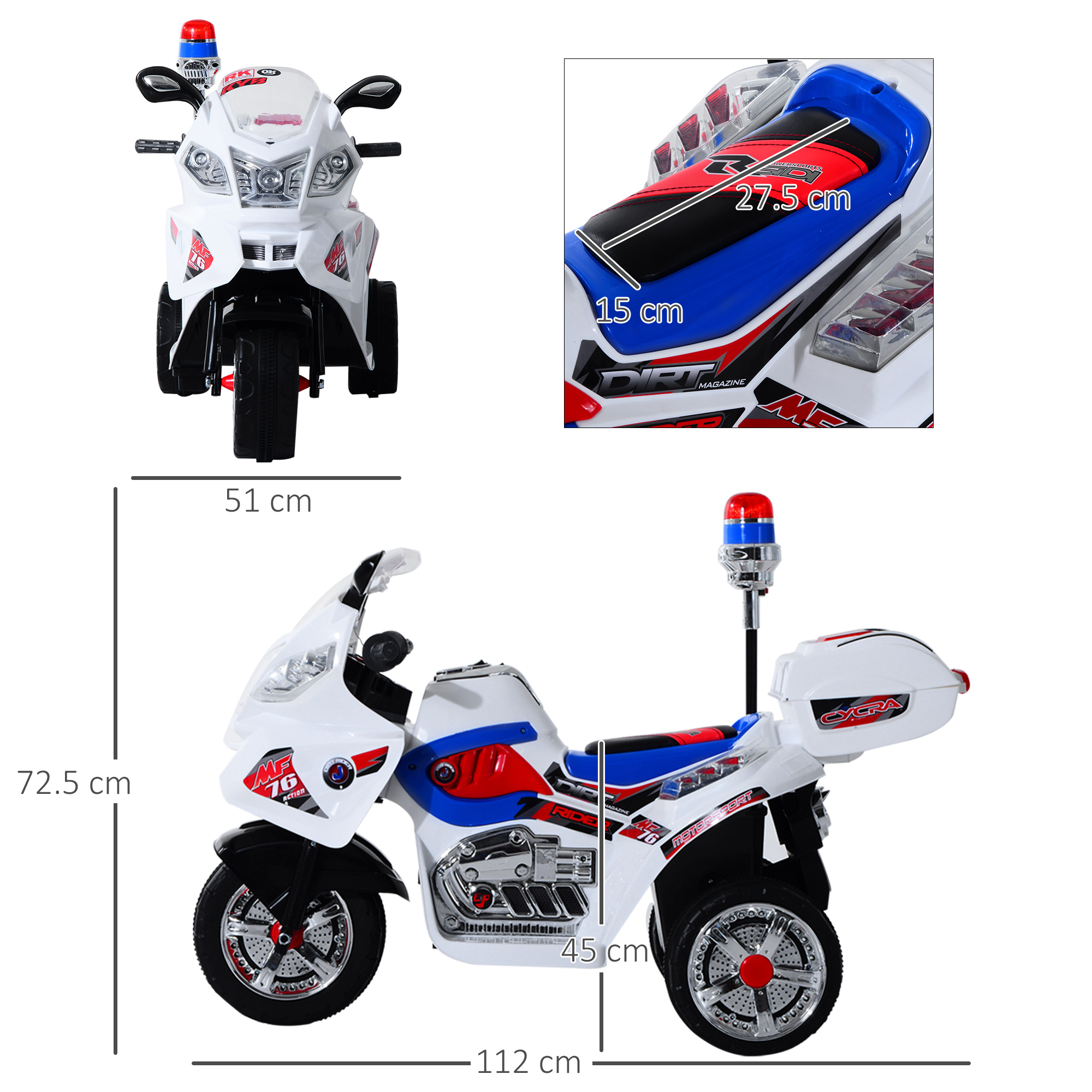 Moto giocattolo bianca con dettagli rossi e blu, inclusa una sirena. Dimensioni fornite nell'immagine.