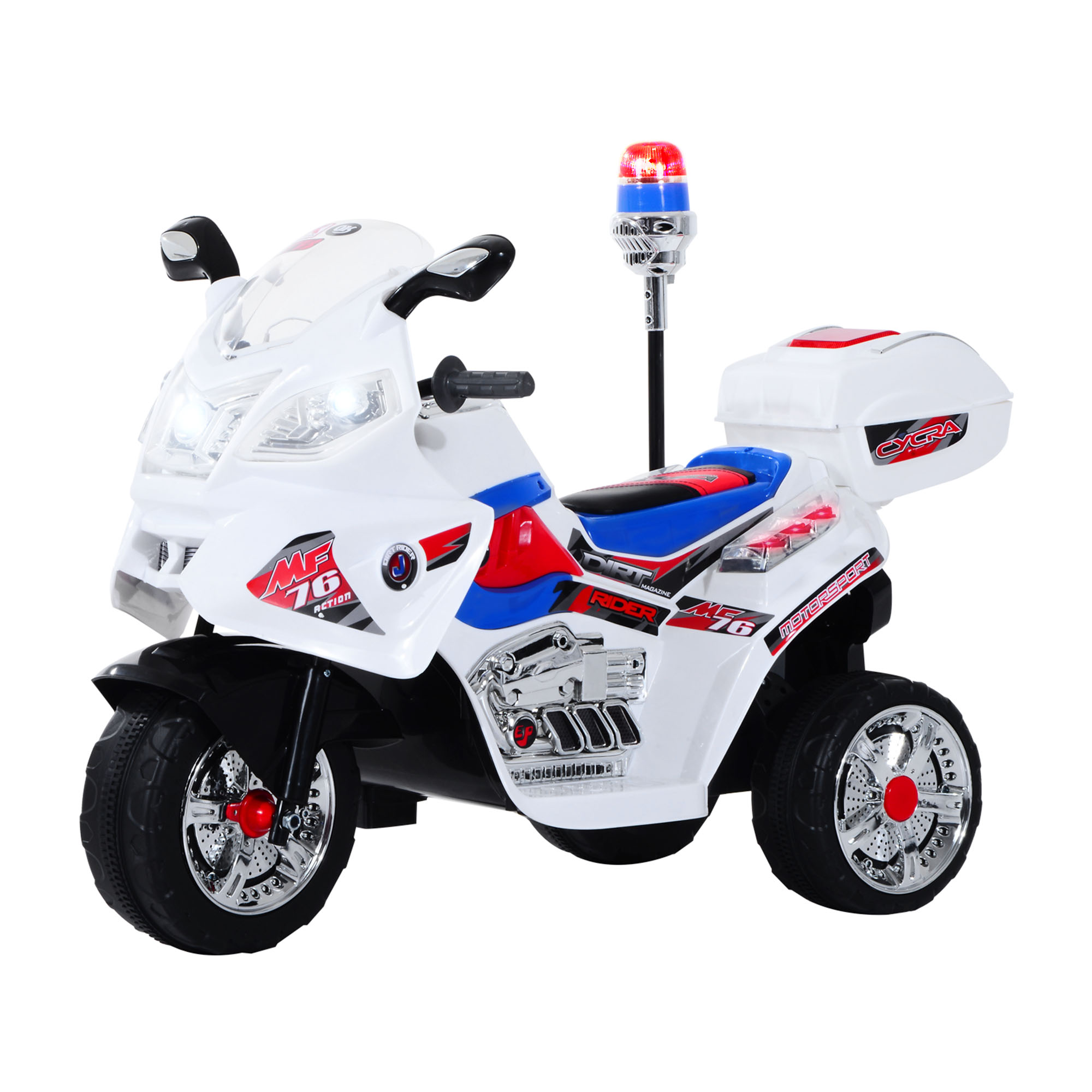 Moto giocattolo bianca con dettagli della polizia. Ha una luce rossa e blu in cima. Sfondo bianco.