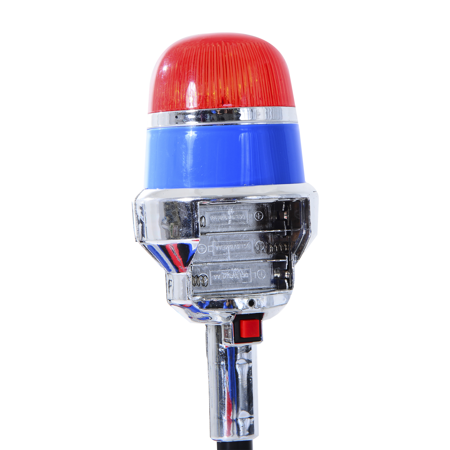 Una luce di emergenza rossa e blu con base cromata e pulsante rosso. Ha tre batterie AA visibili.