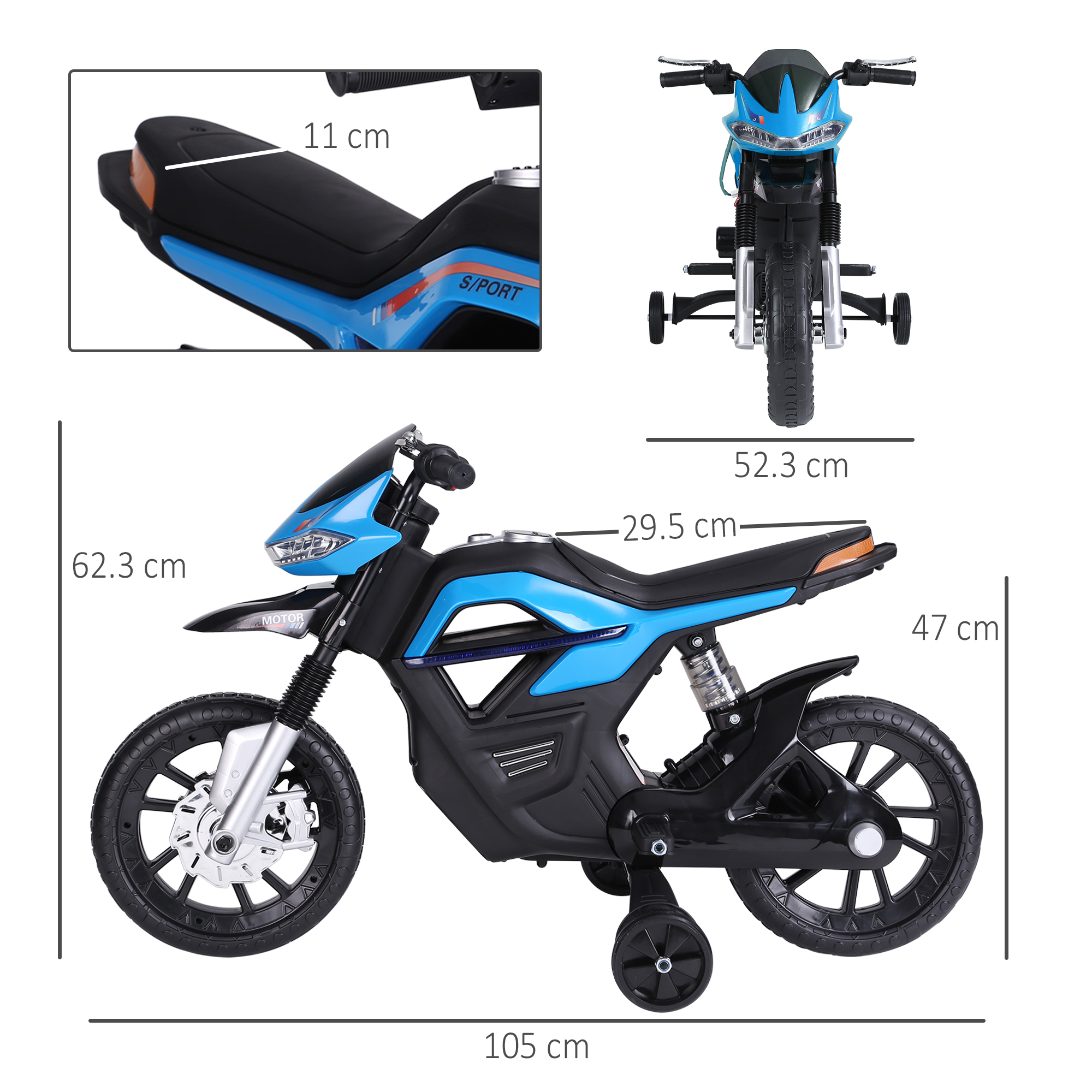 Moto giocattolo blu e nera con dimensioni: 105 cm di lunghezza e 62,3 cm di altezza.