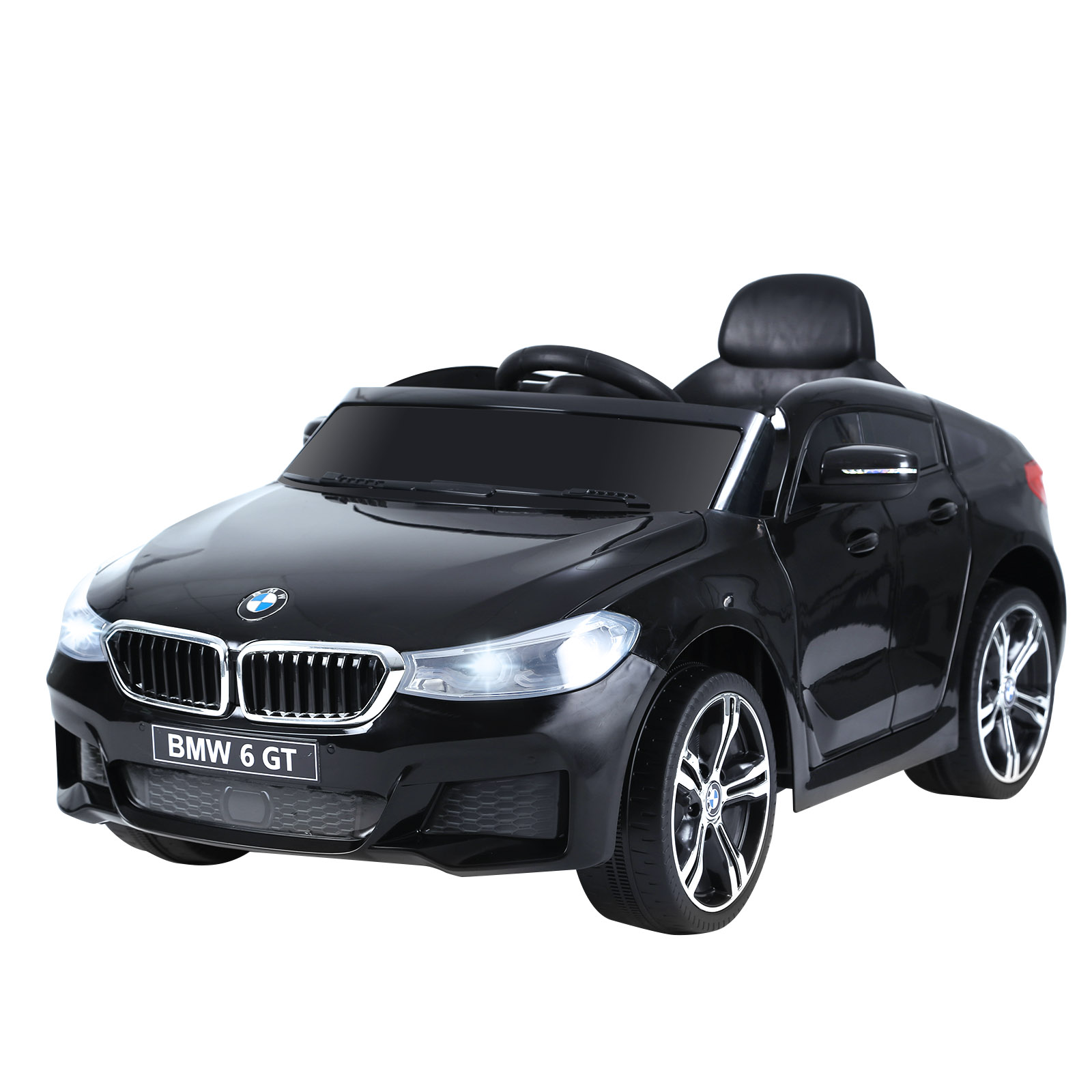 Un'auto giocattolo nera con le parole BMW 6 GT sulla targa.