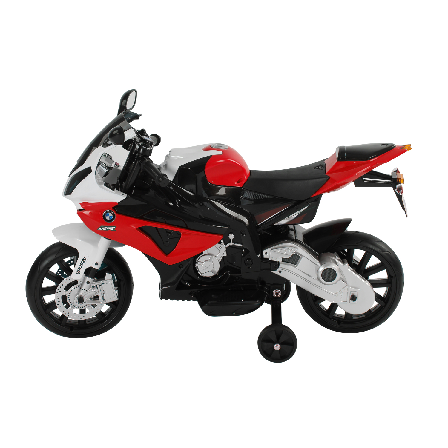 Motocicletta giocattolo rossa, bianca e nera con rotelle. Vista laterale su sfondo bianco.