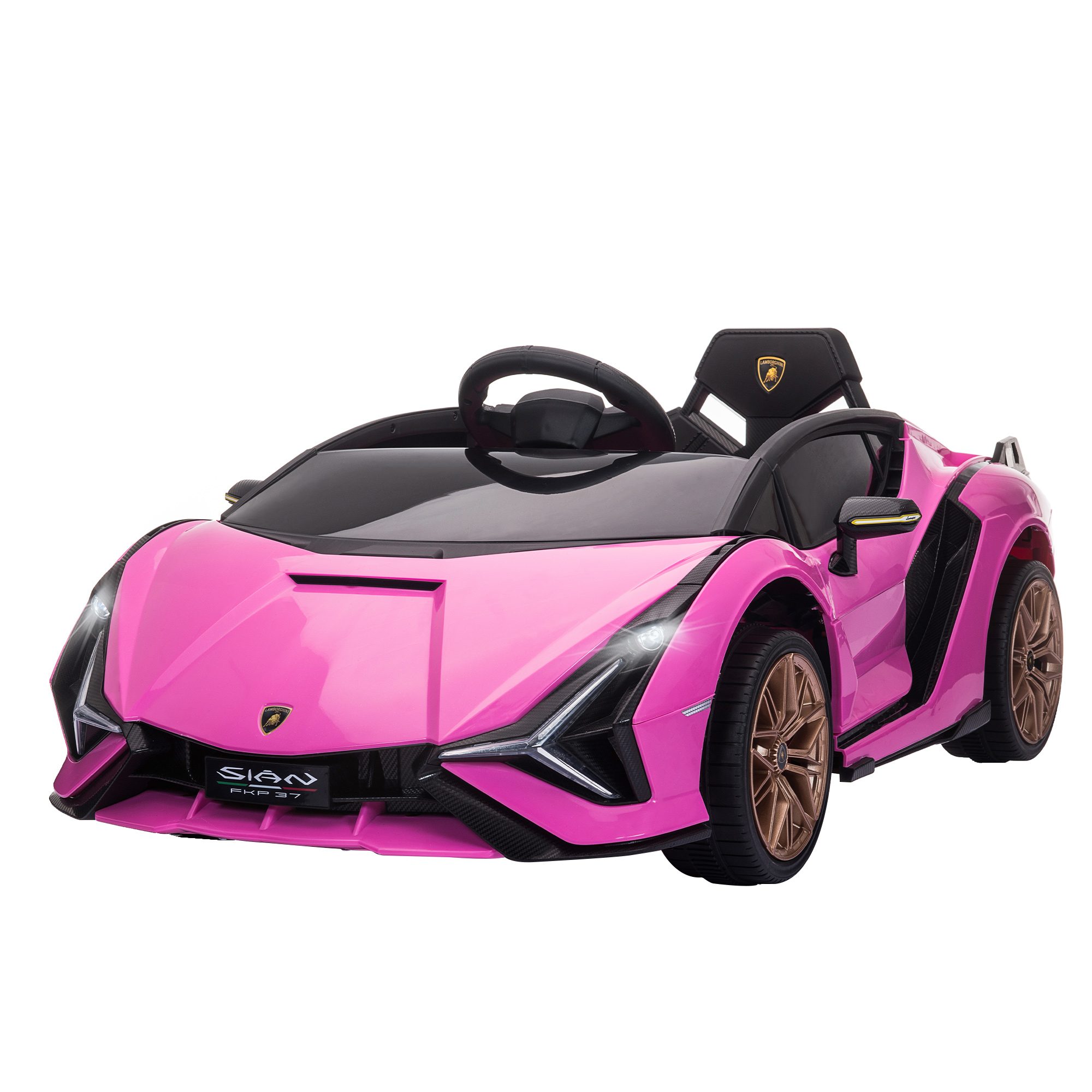 Un'auto giocattolo Lamborghini rosa. Lo sfondo è bianco.