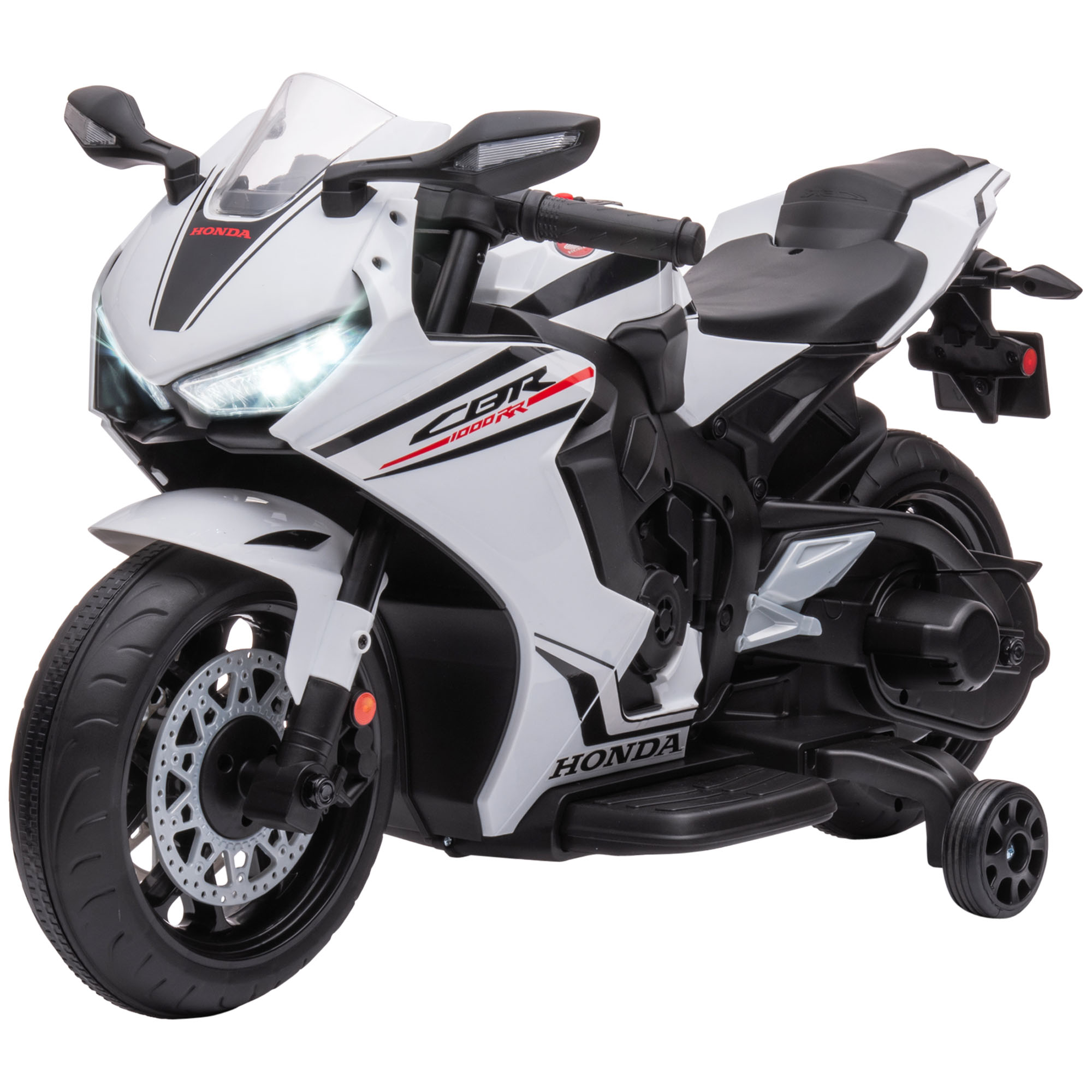 Moto giocattolo bianca e nera con logo Honda.