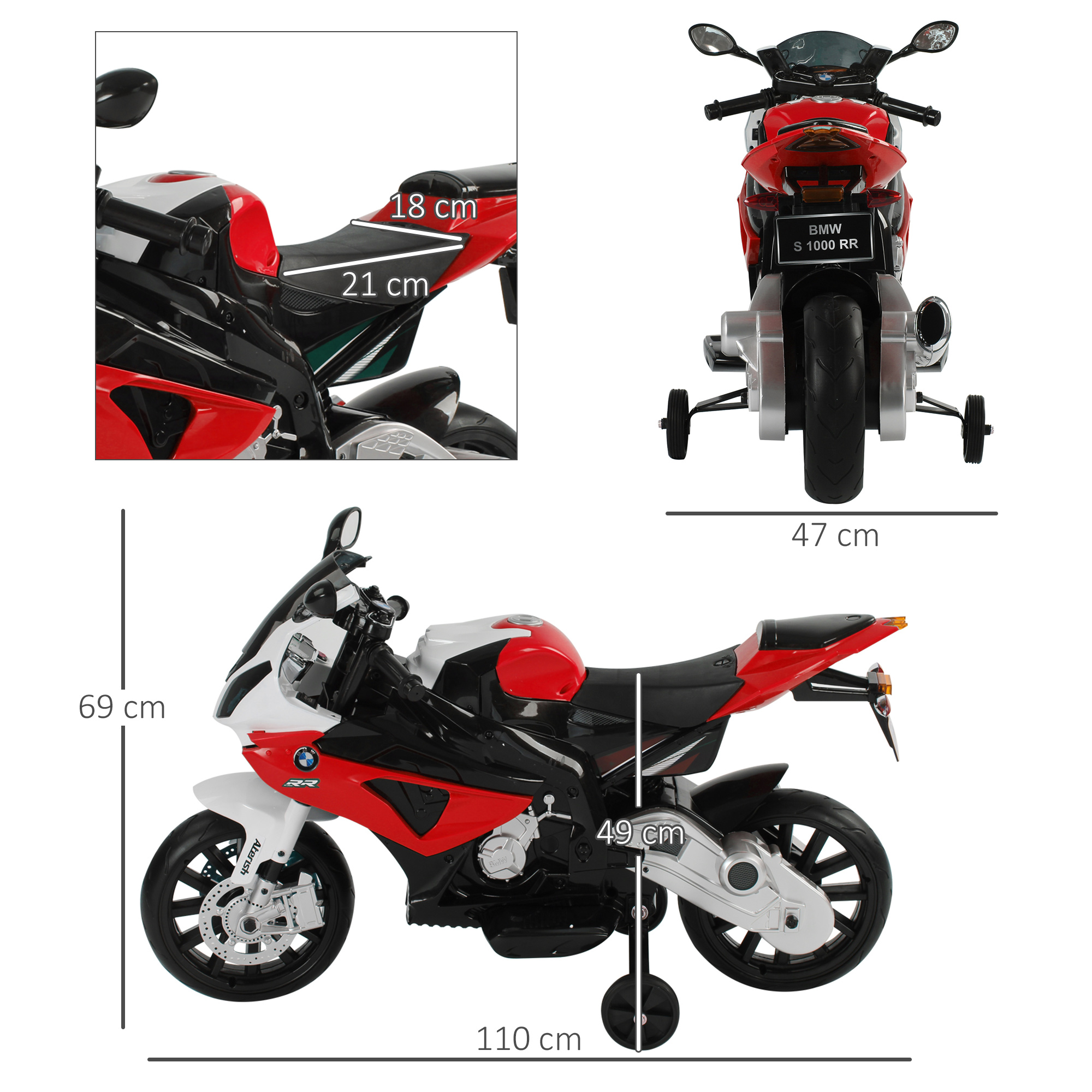 Moto giocattolo rossa, bianca e nera con dimensioni: 110 cm di lunghezza e 69 cm di altezza.